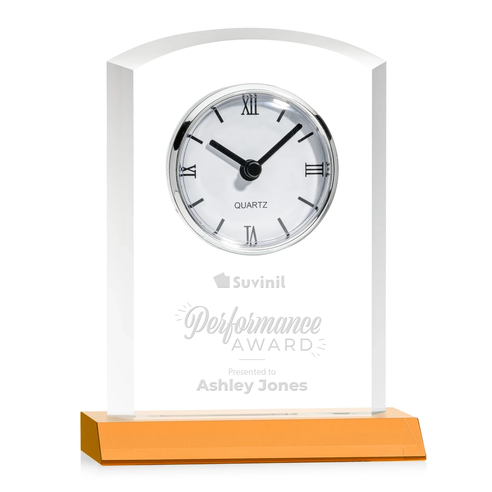 Custom Starfire Crystal Clock With Polished Silver Bezel for donor appreciation