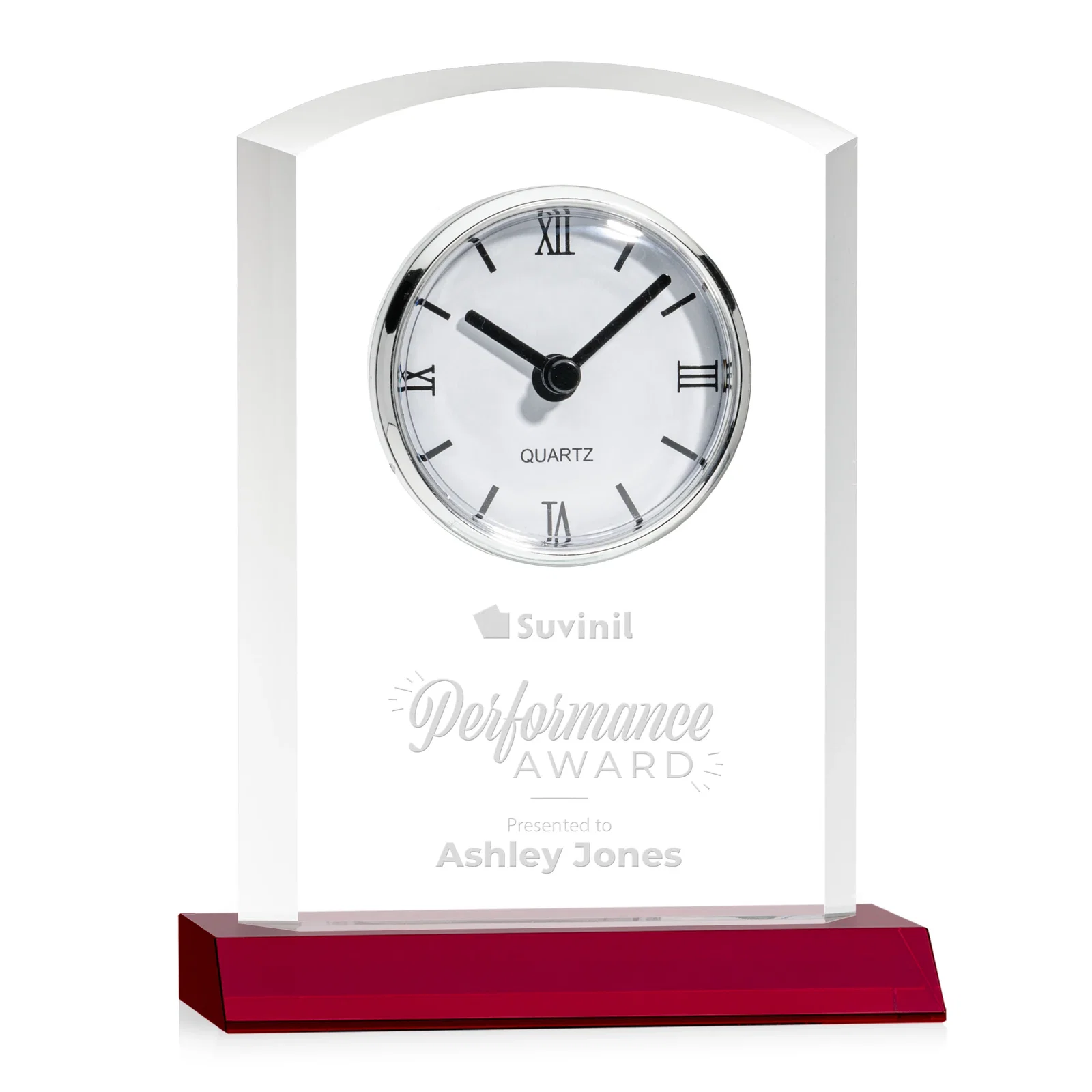 Custom Starfire Crystal Clock With Polished Silver Bezel for graduation ceremonies