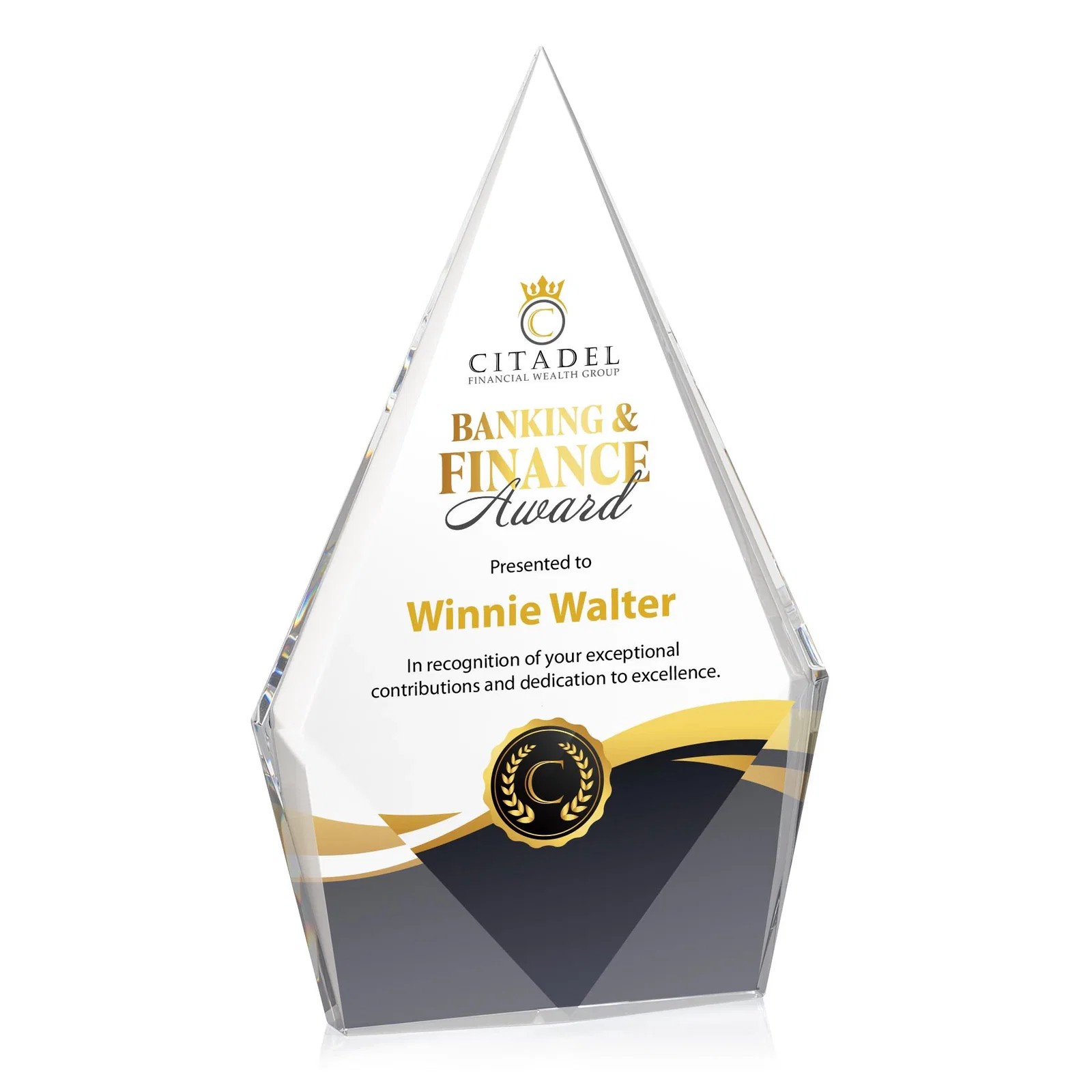 Personalized Optical Crystal Diamond Award With Elongated Peak for retirement presentations