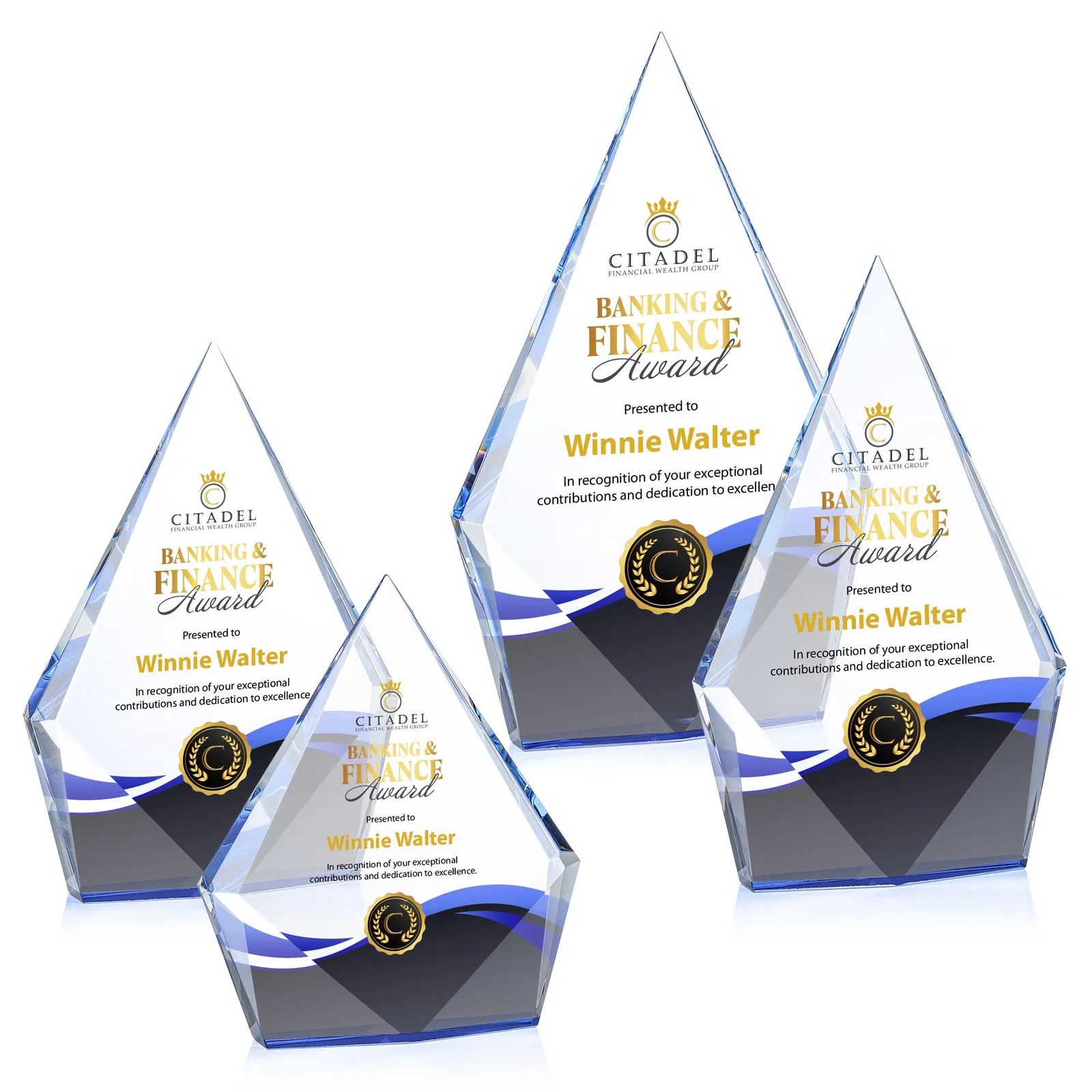 Personalized Optical Crystal Diamond Award With Elongated Peak for donor appreciation