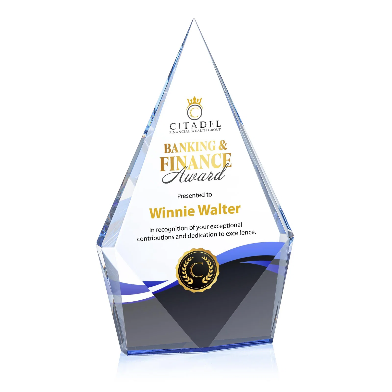 Personalized Optical Crystal Diamond Award With Elongated Peak for graduation ceremonies