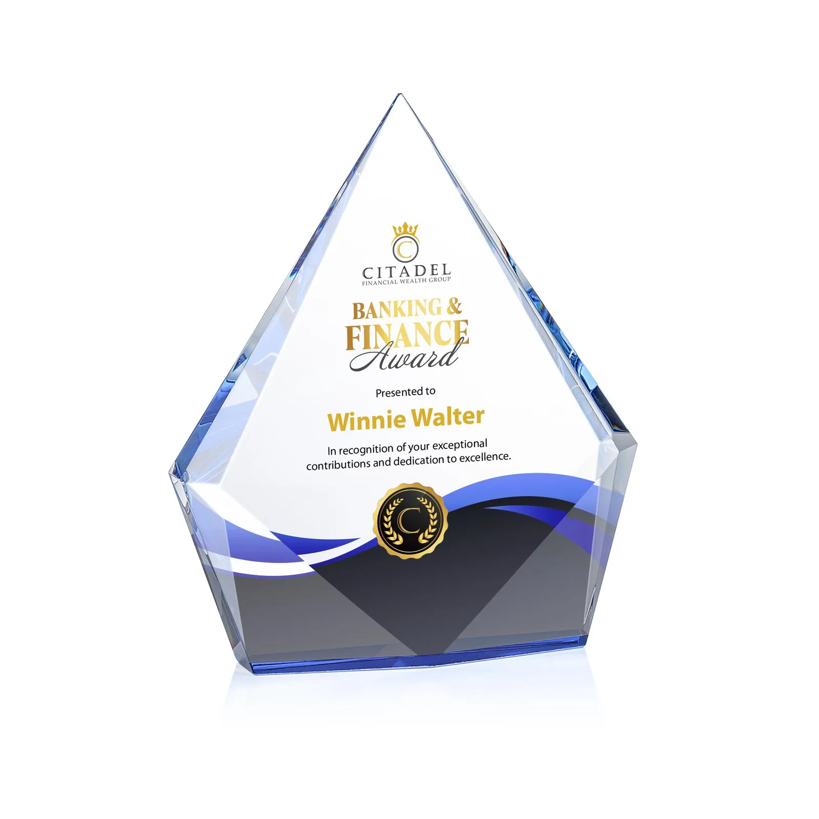 Personalized Optical Crystal Diamond Award With Elongated Peak for safety achievement programs