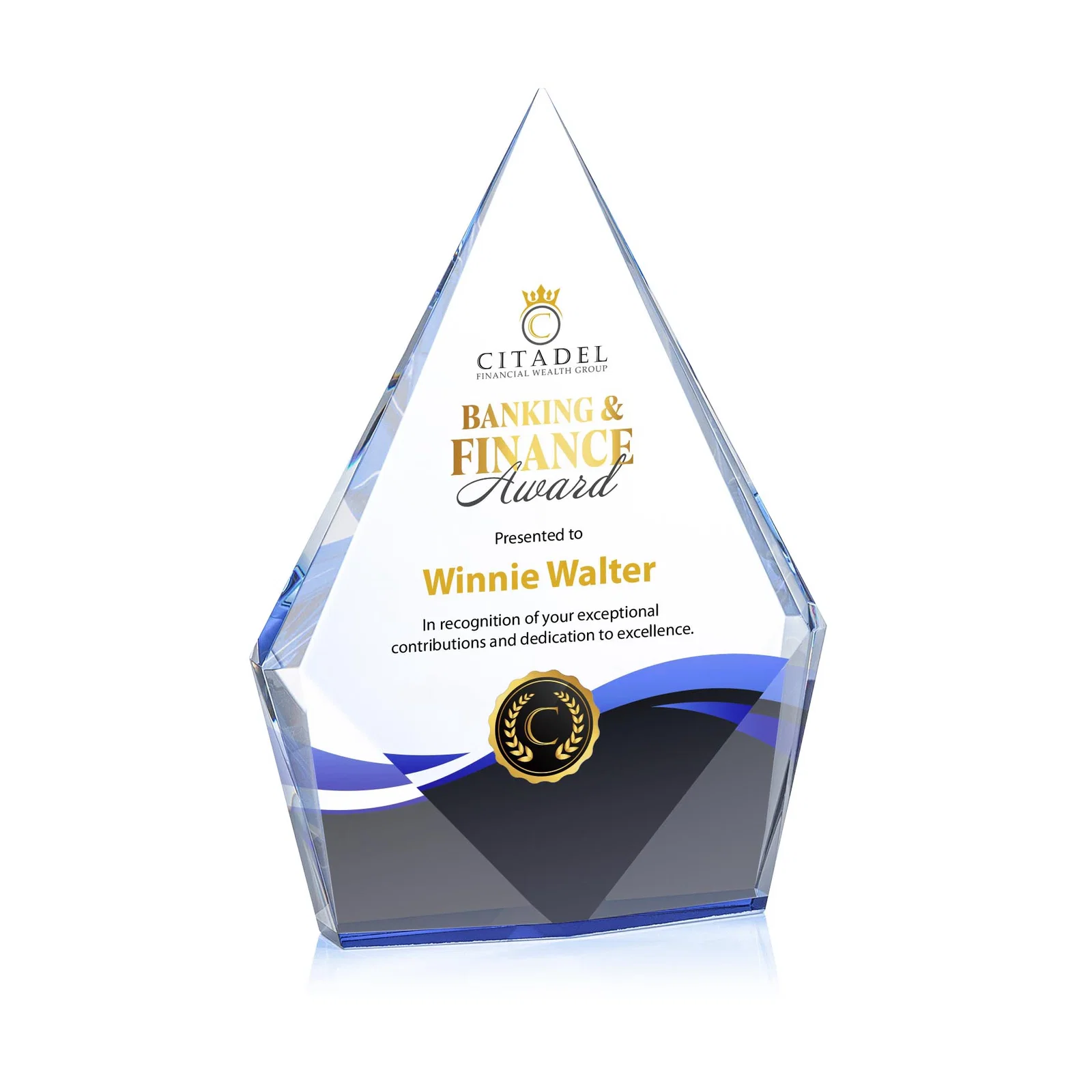 Personalized Optical Crystal Diamond Award With Elongated Peak for volunteer appreciation