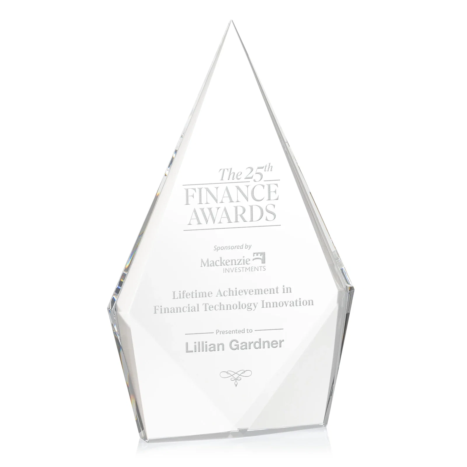 Custom Optical Crystal Diamond Award With Elongated Peak for retirement presentations
