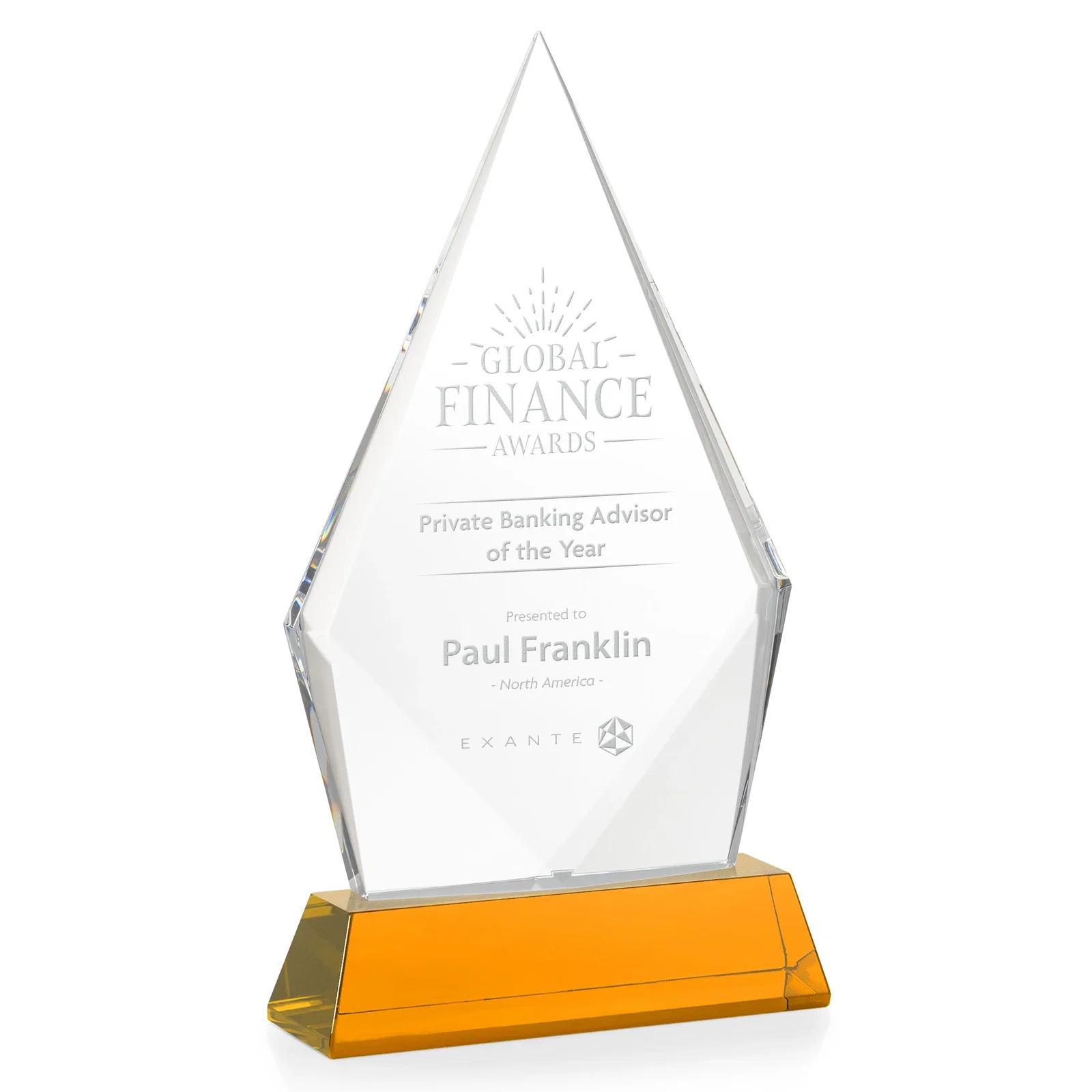 Custom Optical Crystal Diamond Award With an Elongated Peak, with your logo for corporate award ceremonies