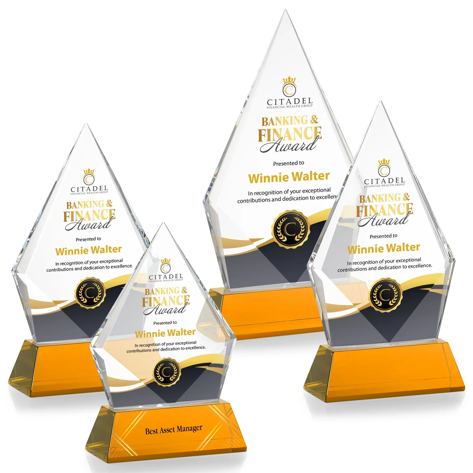 Custom Optical Crystal Diamond Award With an Elongated Peak, with your logo for service anniversary gifts