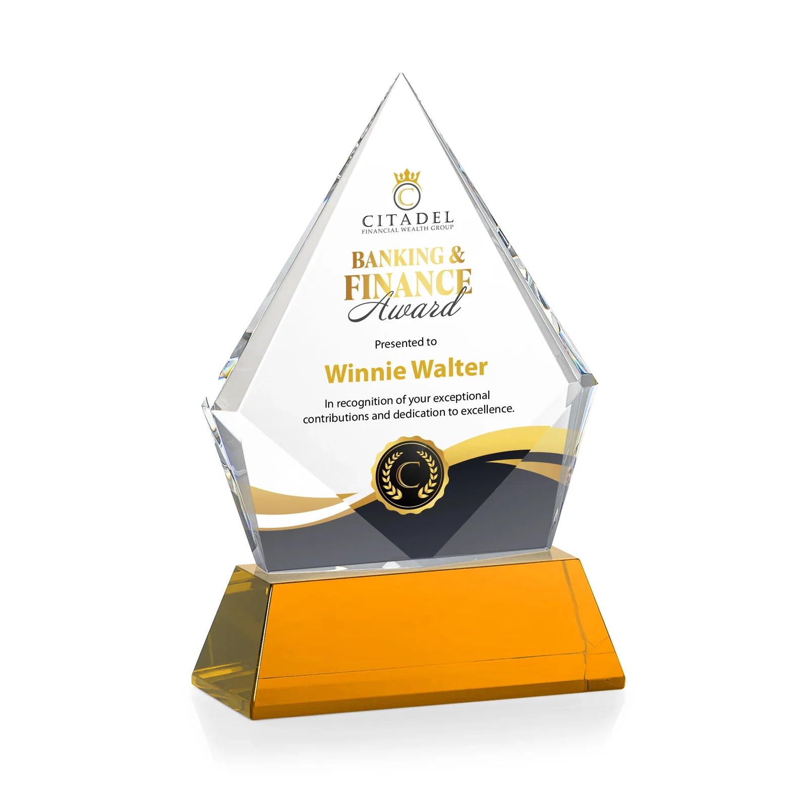 Custom Optical Crystal Diamond Award With an Elongated Peak, with your logo for sales achievement awards
