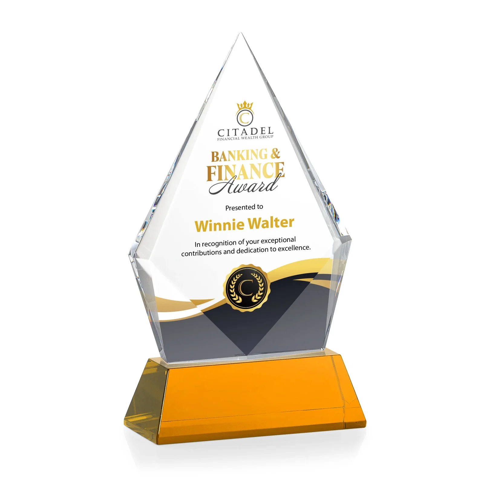 Custom Optical Crystal Diamond Award With an Elongated Peak, with your logo for retirement presentations