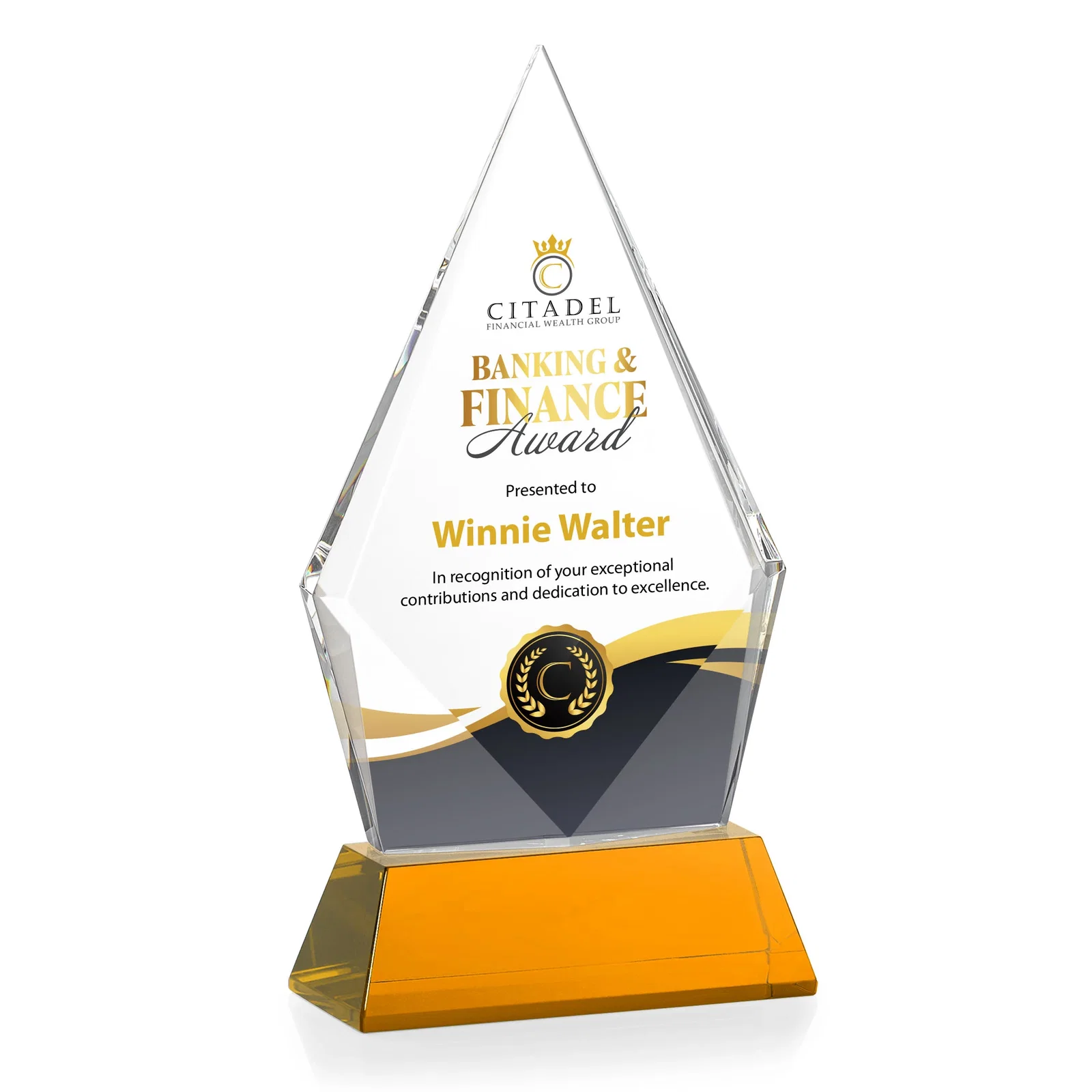 Custom Optical Crystal Diamond Award With an Elongated Peak, with your logo for team milestone celebrations