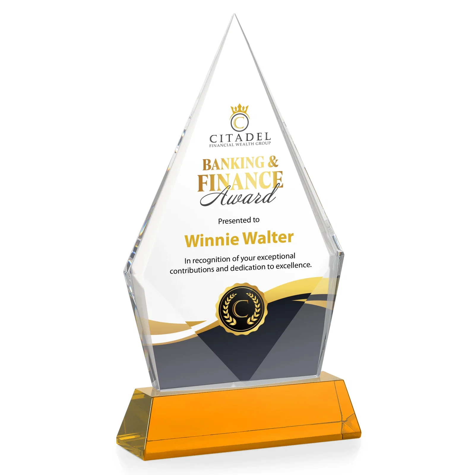 Custom Optical Crystal Diamond Award With an Elongated Peak, with your logo for donor appreciation