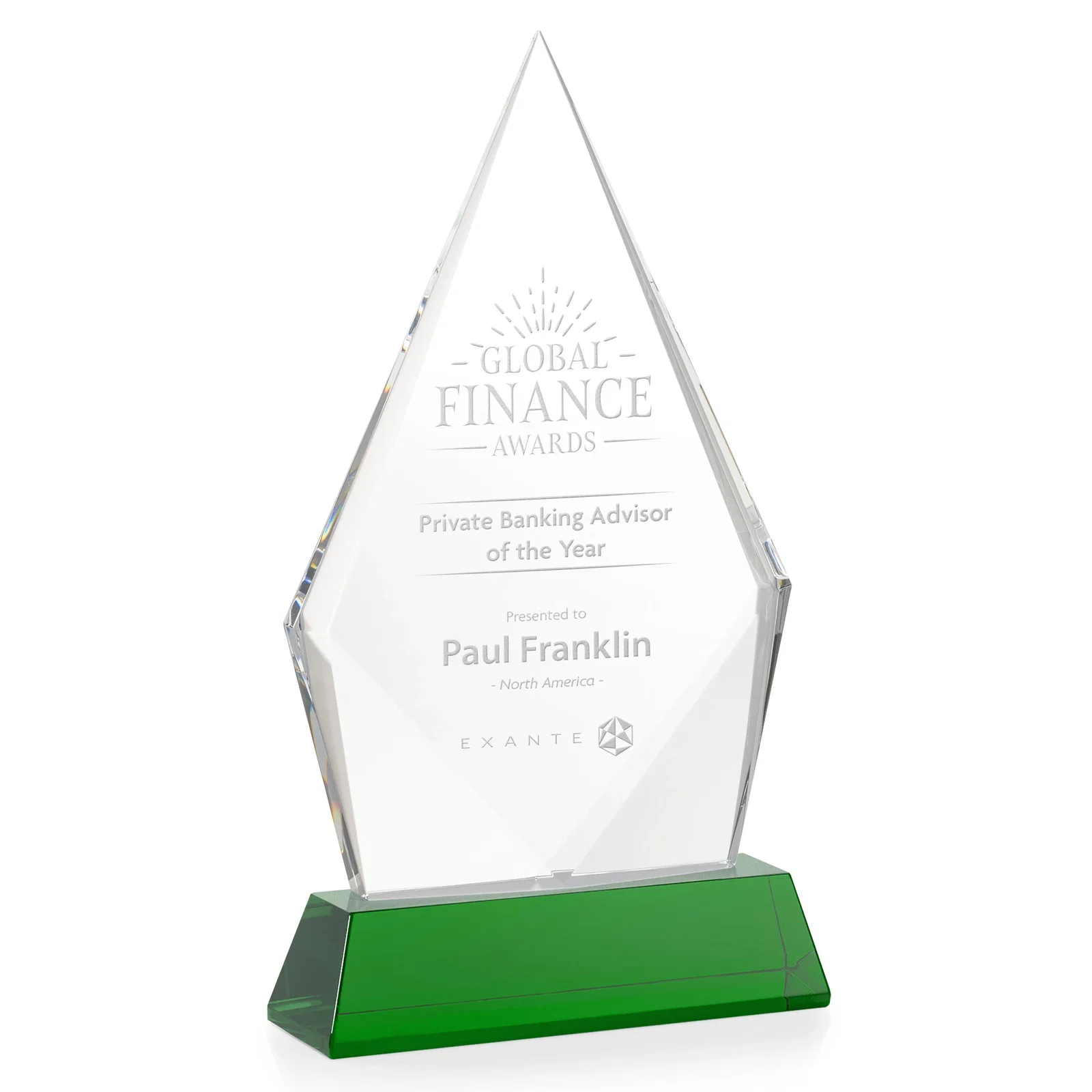 Custom Optical Crystal Diamond Award With an Elongated Peak for dealer and partner awards