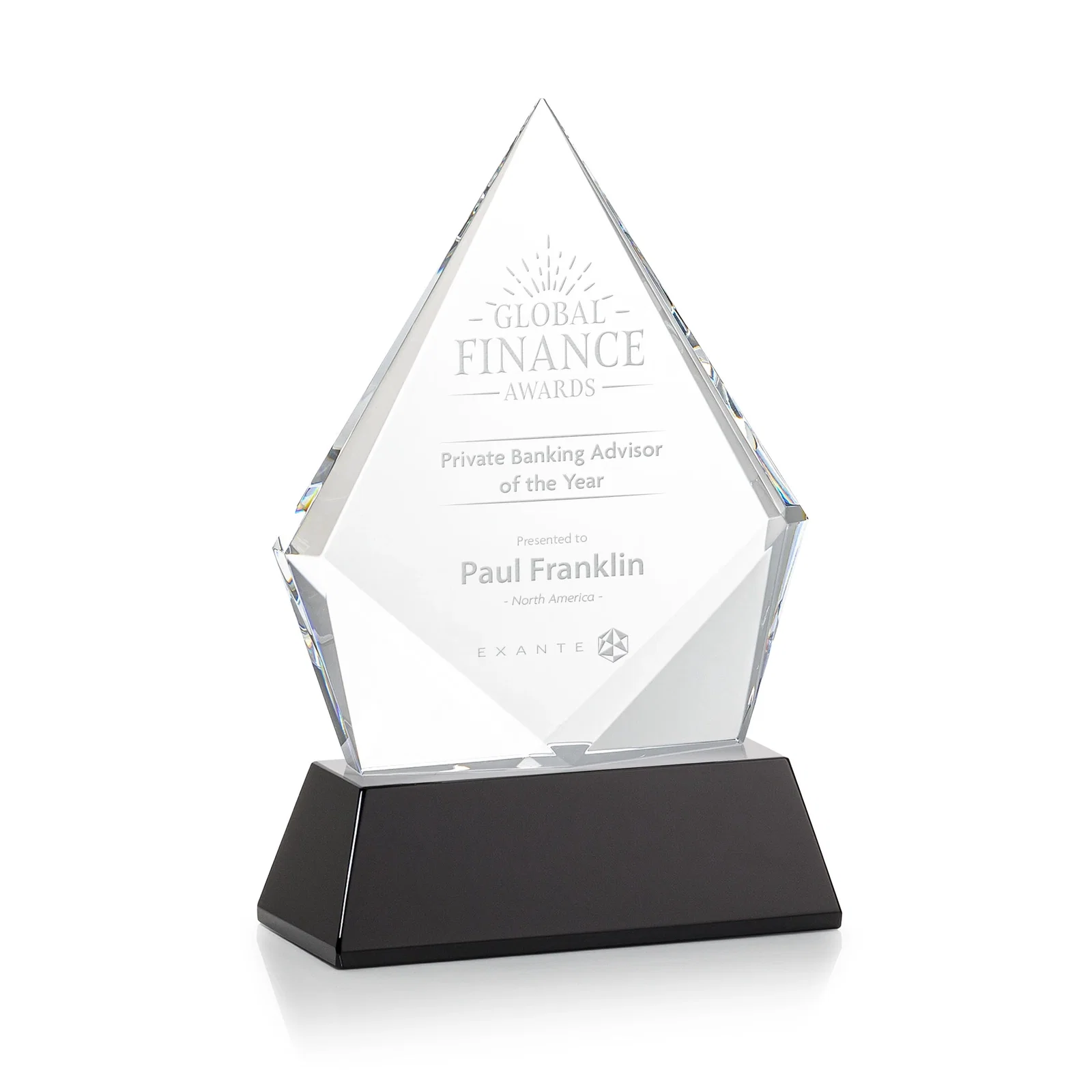 Personalized Optical Crystal Diamond Award With an Elongated Peak for employee recognition