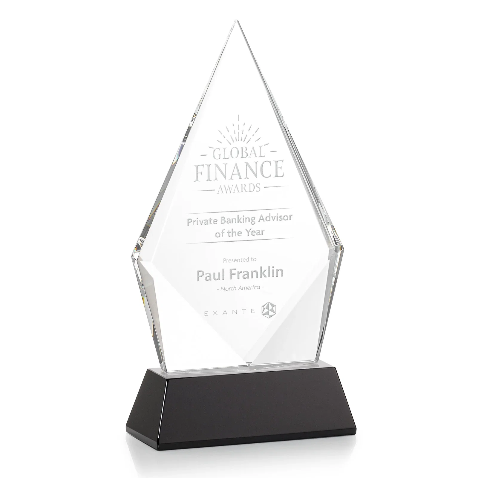 Personalized Optical Crystal Diamond Award With an Elongated Peak for service anniversary gifts
