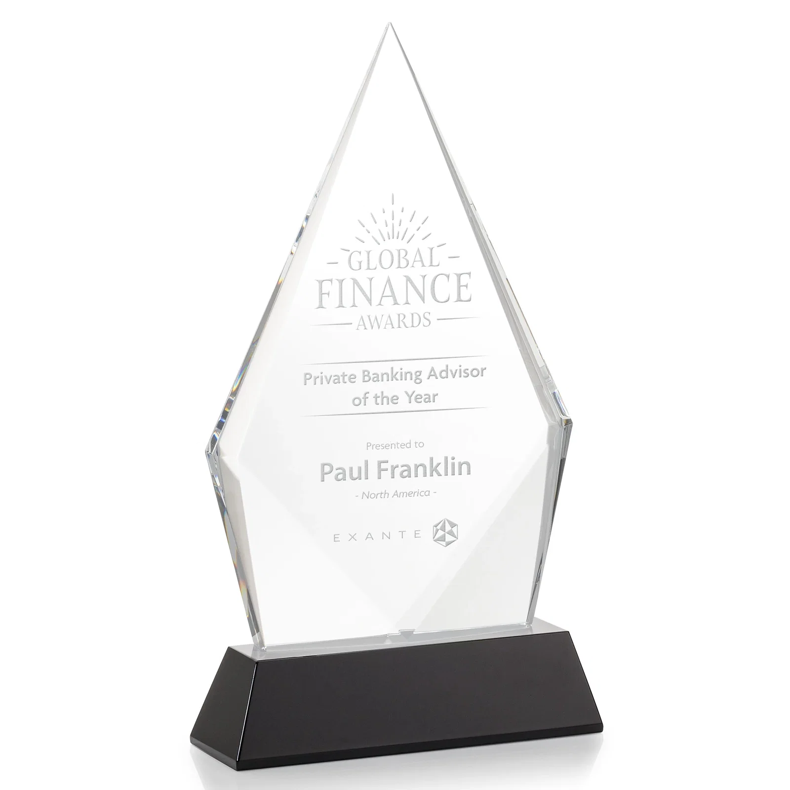 Personalized Optical Crystal Diamond Award With an Elongated Peak for sales achievement awards