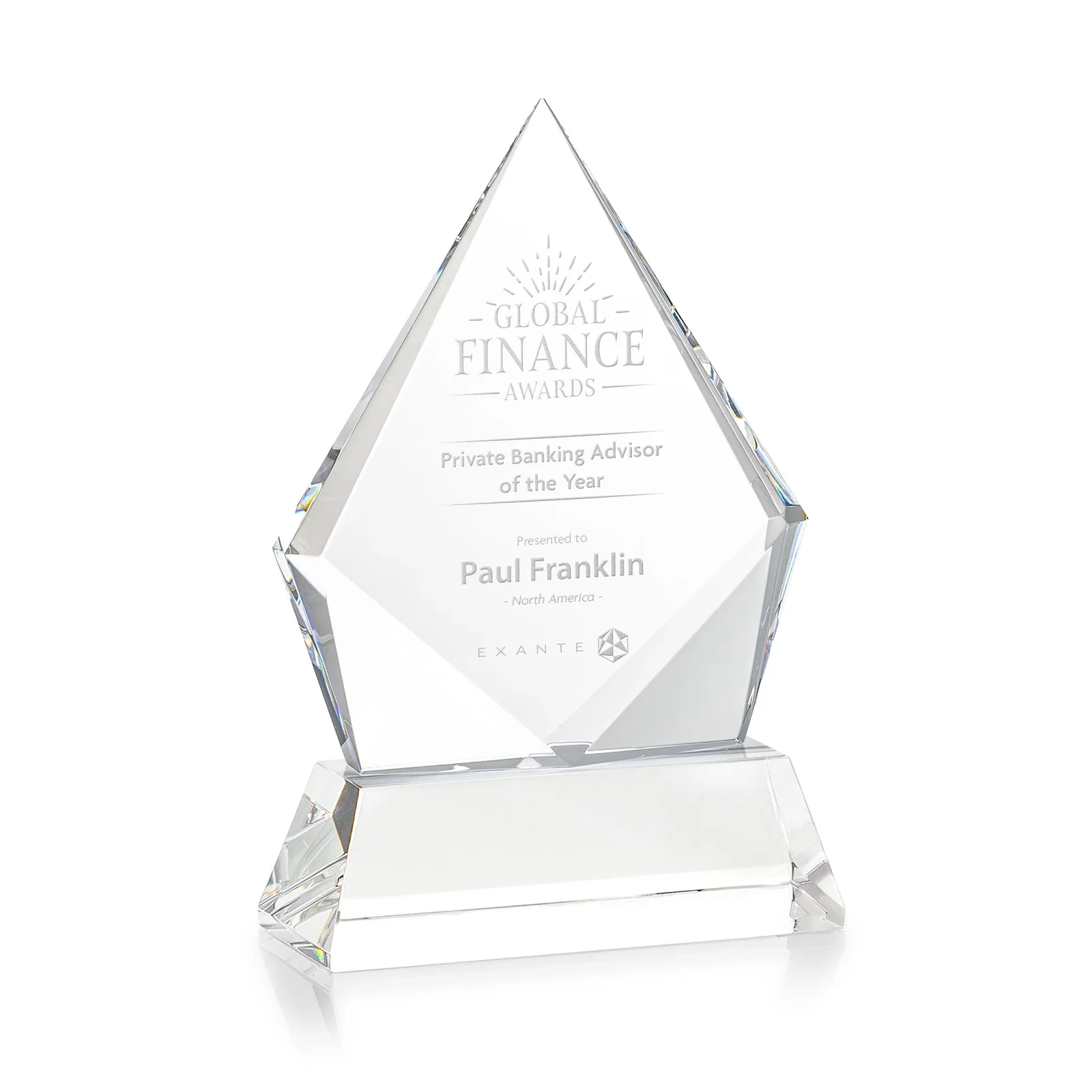 Custom Optical Crystal Diamond Award With an Elongated Peak for corporate award ceremonies