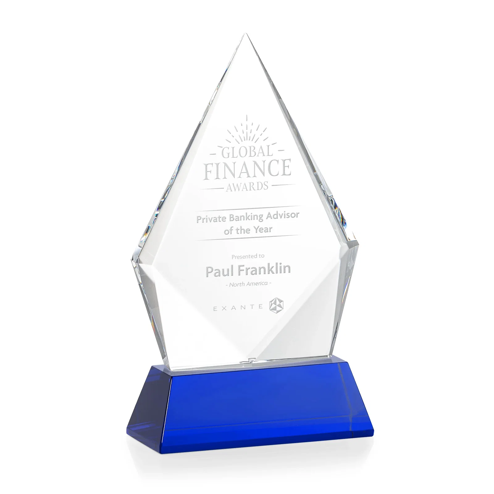 Personalized Optical Crystal Diamond Award With an Elongated Peak for donor appreciation