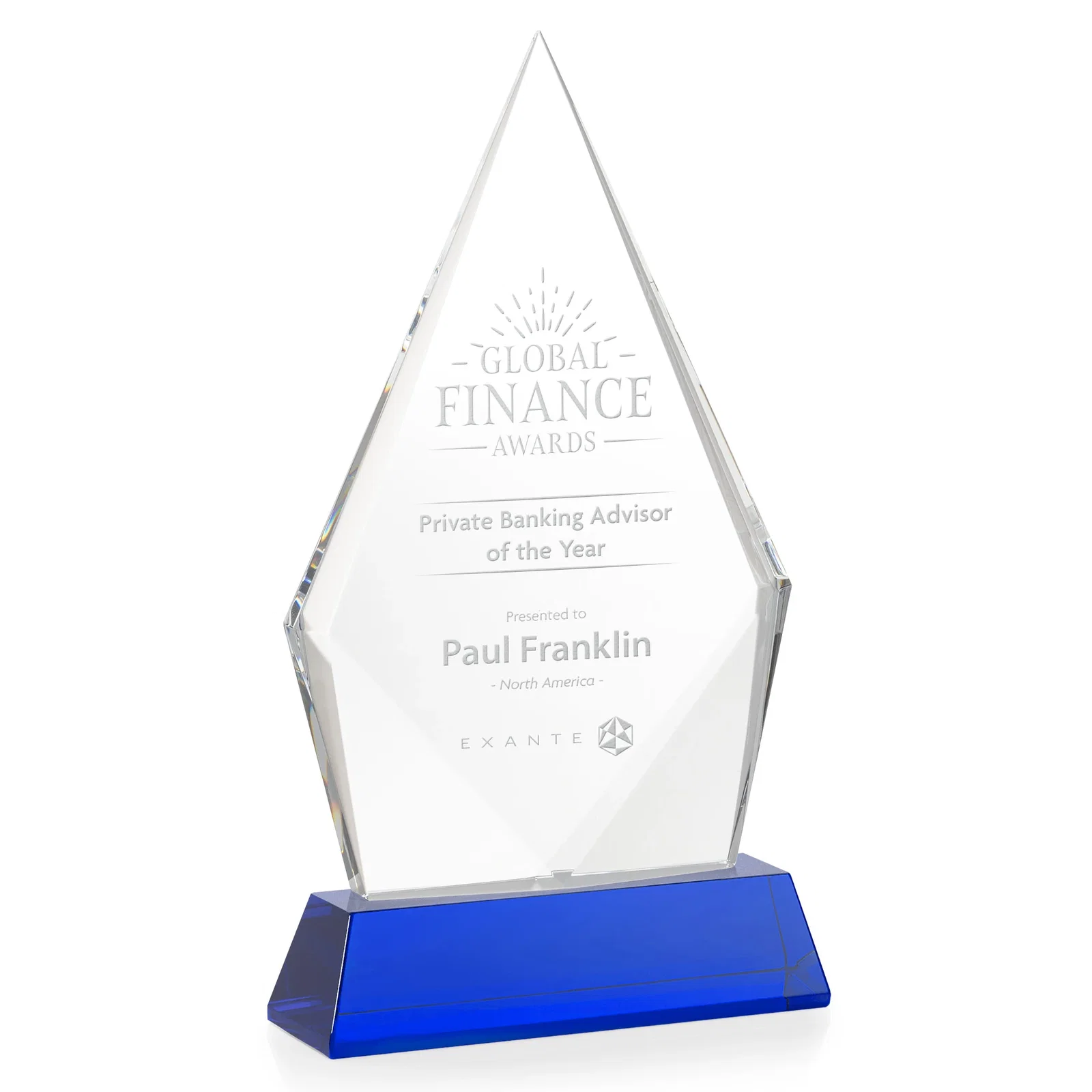 Personalized Optical Crystal Diamond Award With an Elongated Peak for safety achievement programs