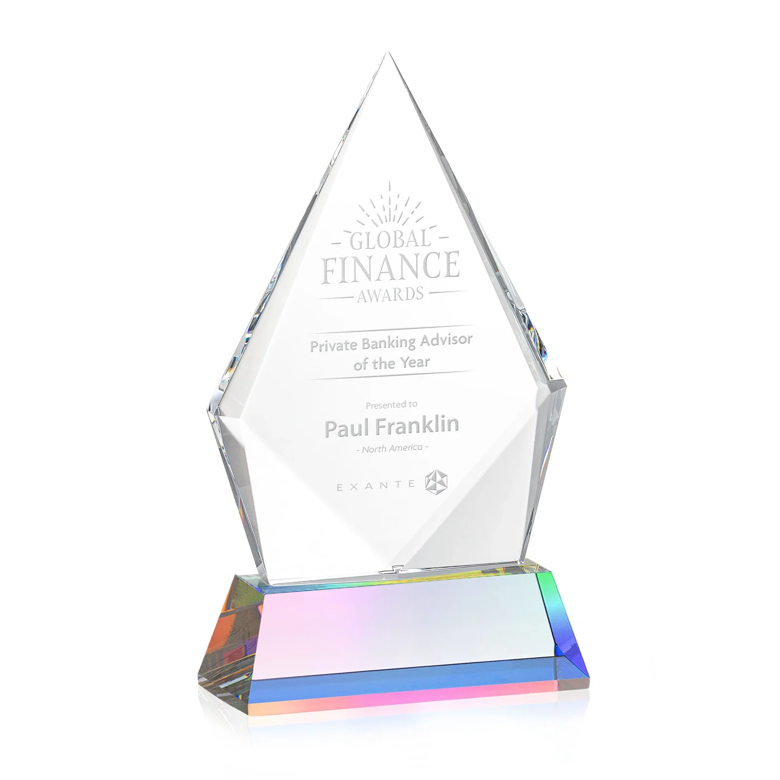 Personalized Optical Crystal Diamond Award With an Elongated Peak for company anniversary events