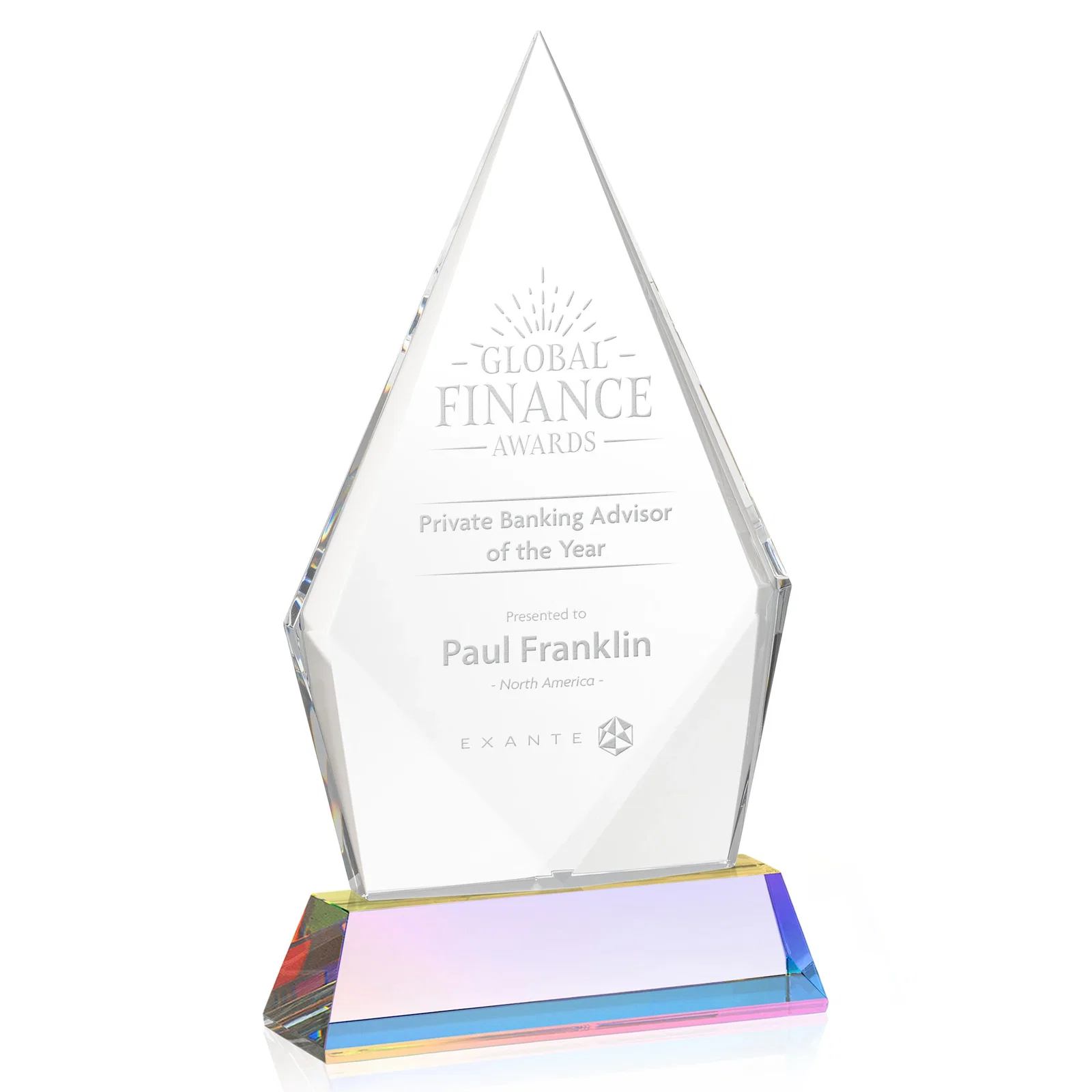 Promotional Optical Crystal Diamond Award With an Elongated Peak for corporate award ceremonies