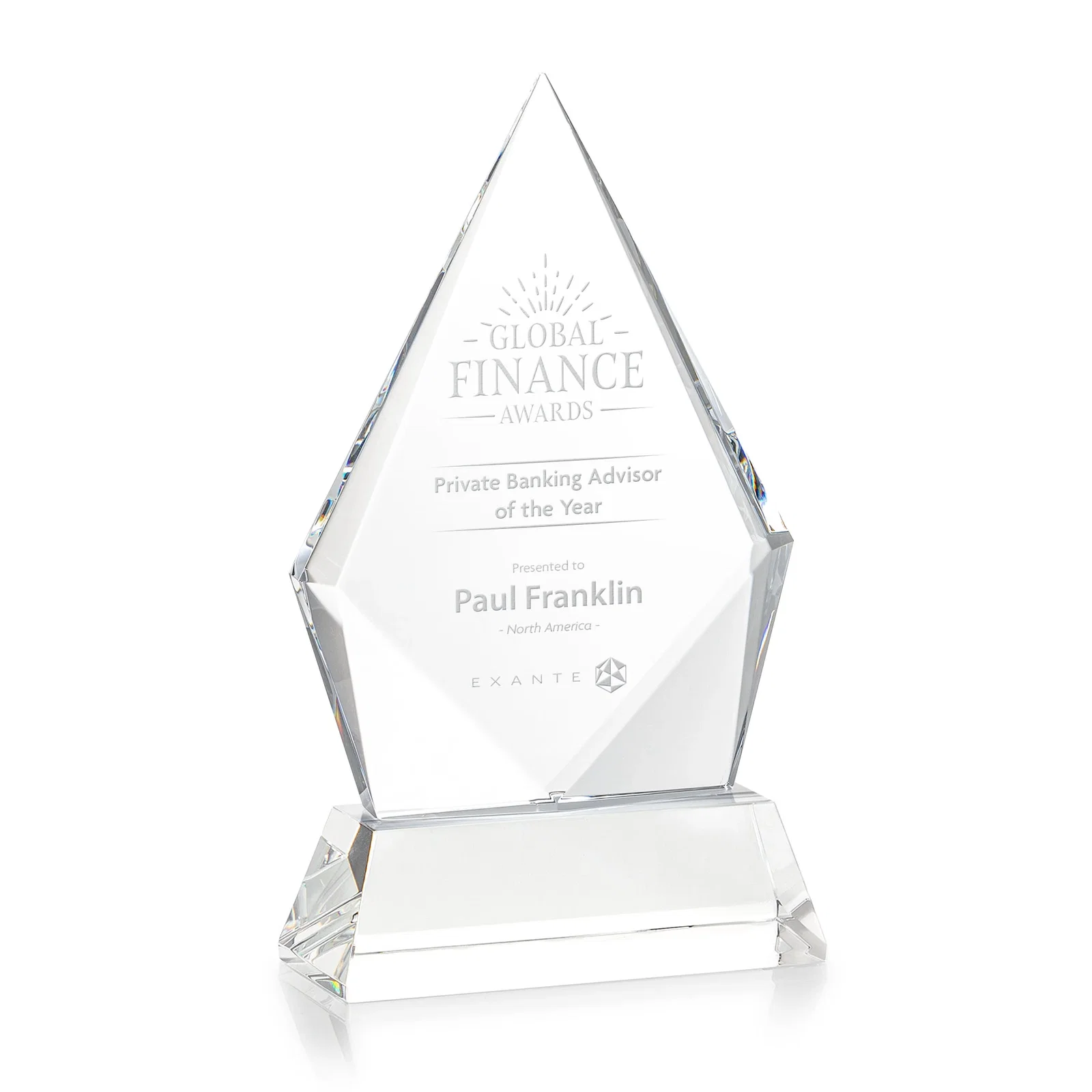 Custom Optical Crystal Diamond Award With an Elongated Peak for service anniversary gifts
