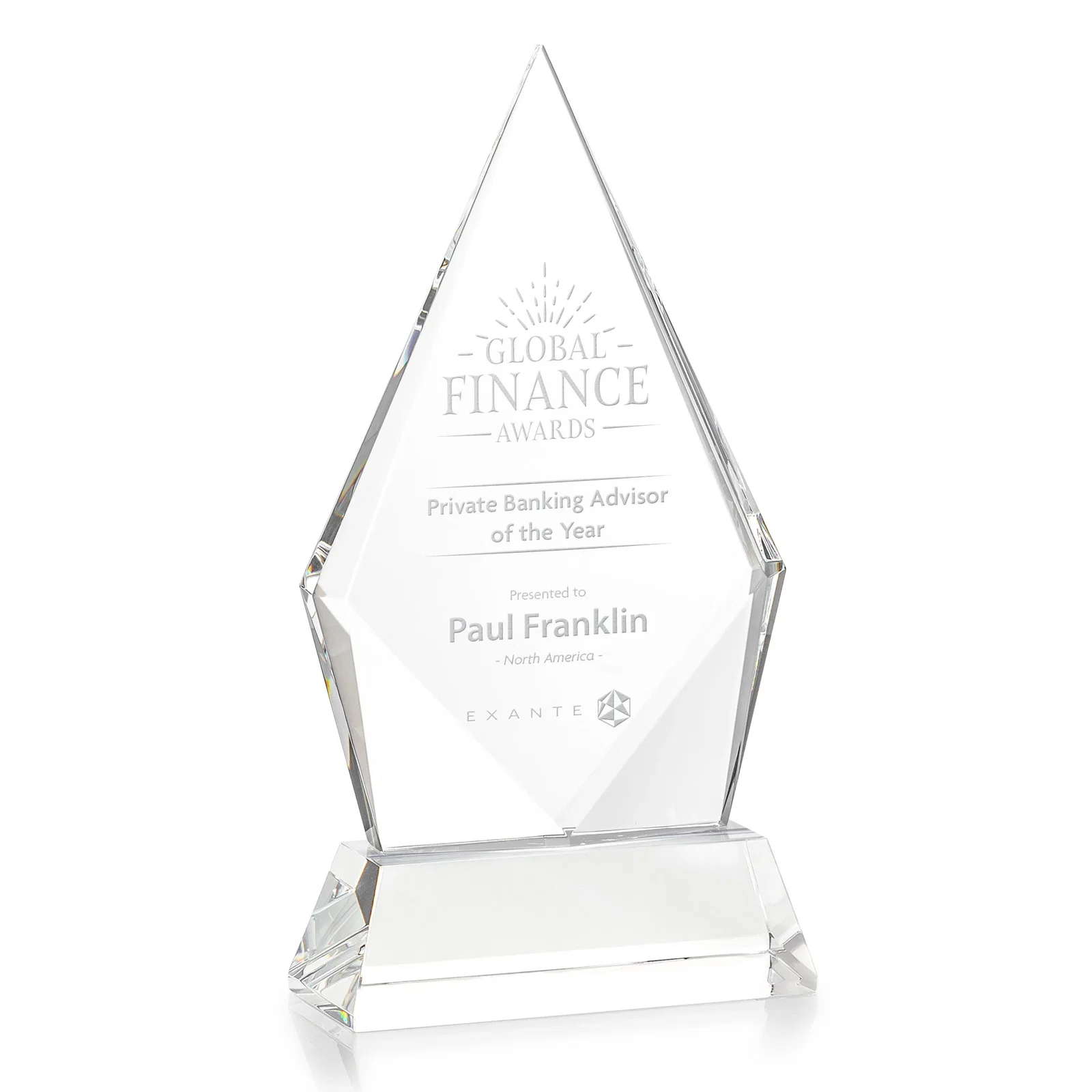 Custom Optical Crystal Diamond Award With an Elongated Peak for sales achievement awards