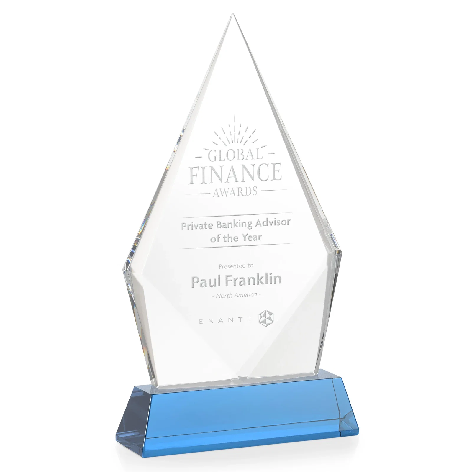 Promotional Optical Crystal Diamond Award With an Elongated Peak for company anniversary events