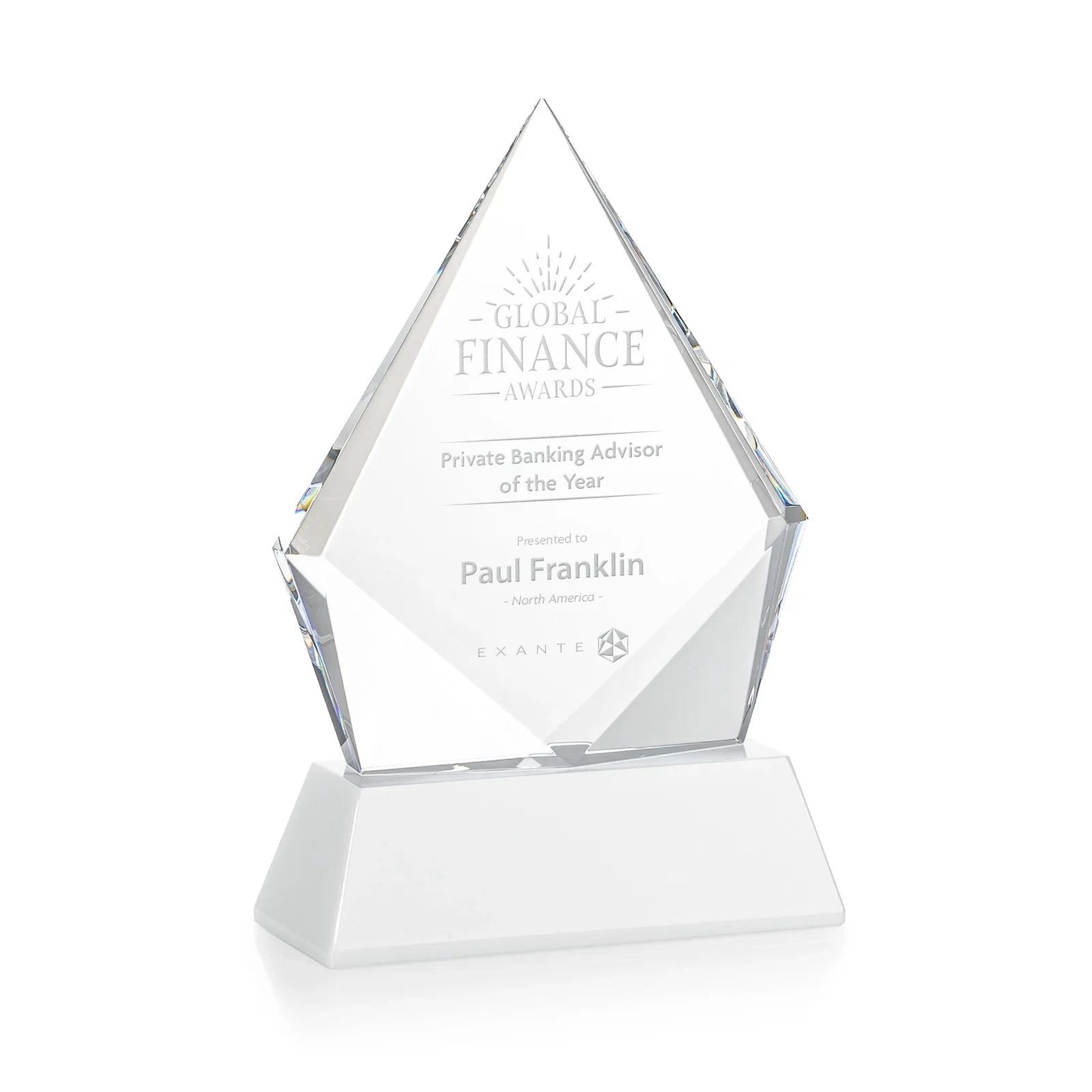Branded Optical Crystal Diamond Award With an Elongated Peak for corporate award ceremonies