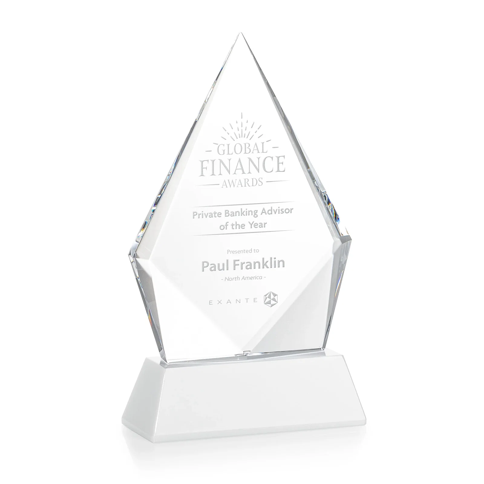 Branded Optical Crystal Diamond Award With an Elongated Peak for service anniversary gifts