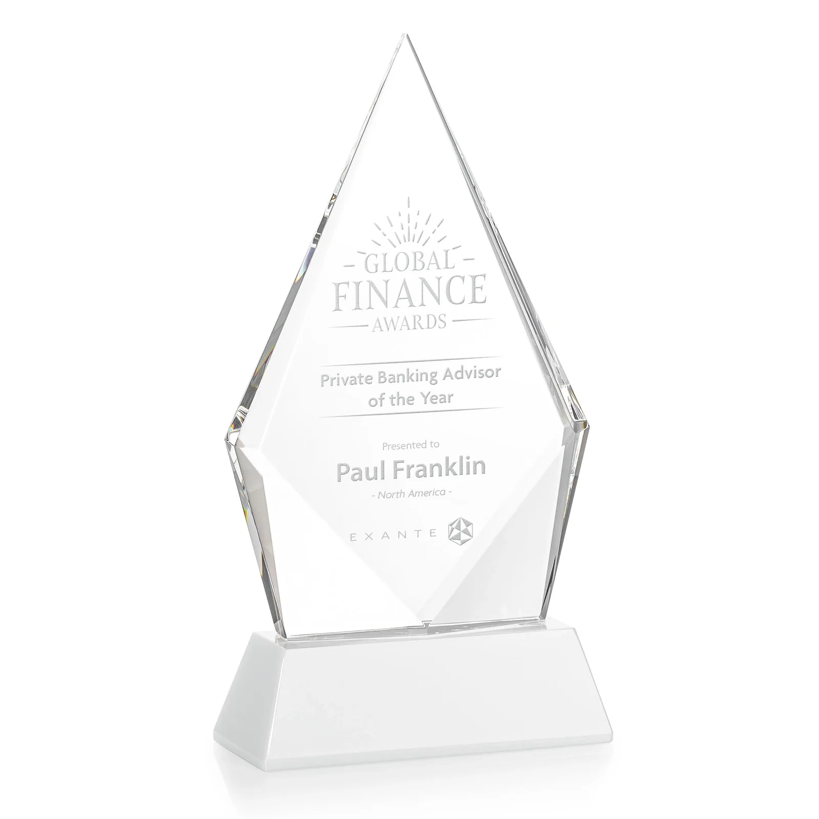 Branded Optical Crystal Diamond Award With an Elongated Peak for sales achievement awards
