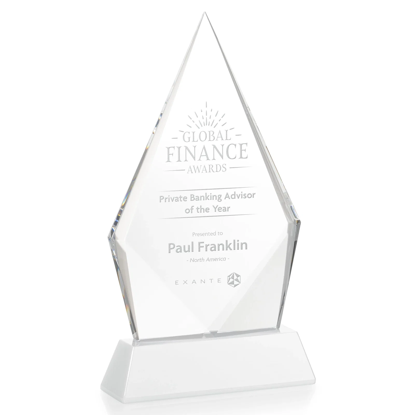 Branded Optical Crystal Diamond Award With an Elongated Peak for retirement presentations