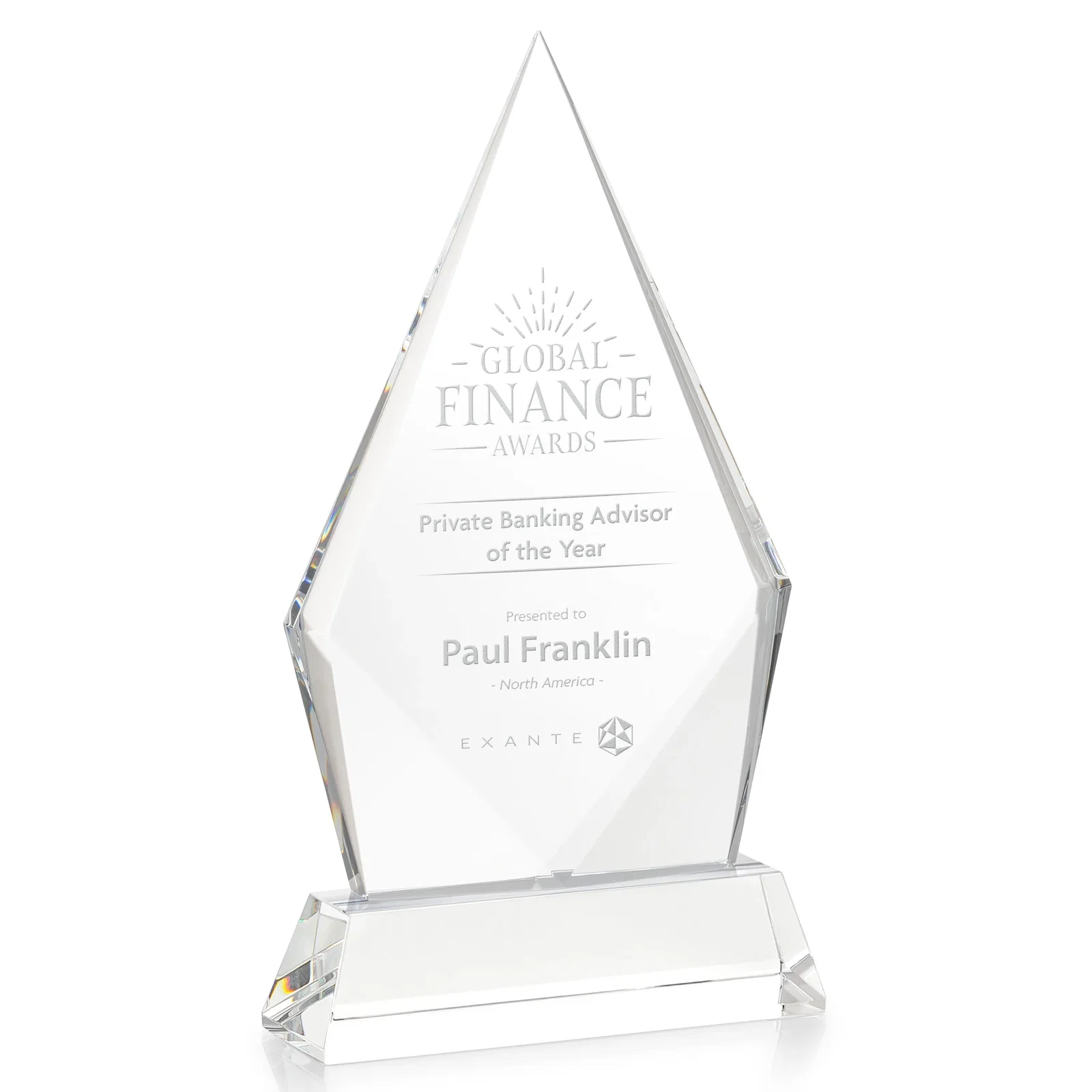 Custom Optical Crystal Diamond Award With an Elongated Peak for retirement presentations
