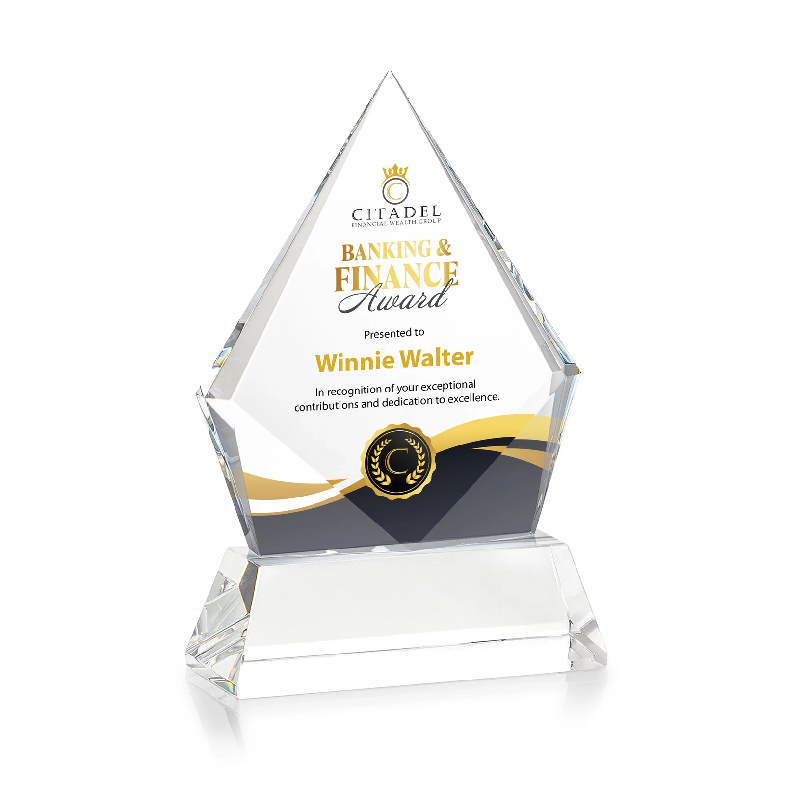 Branded Optical Crystal Diamond Award With an Elongated Peak for donor appreciation