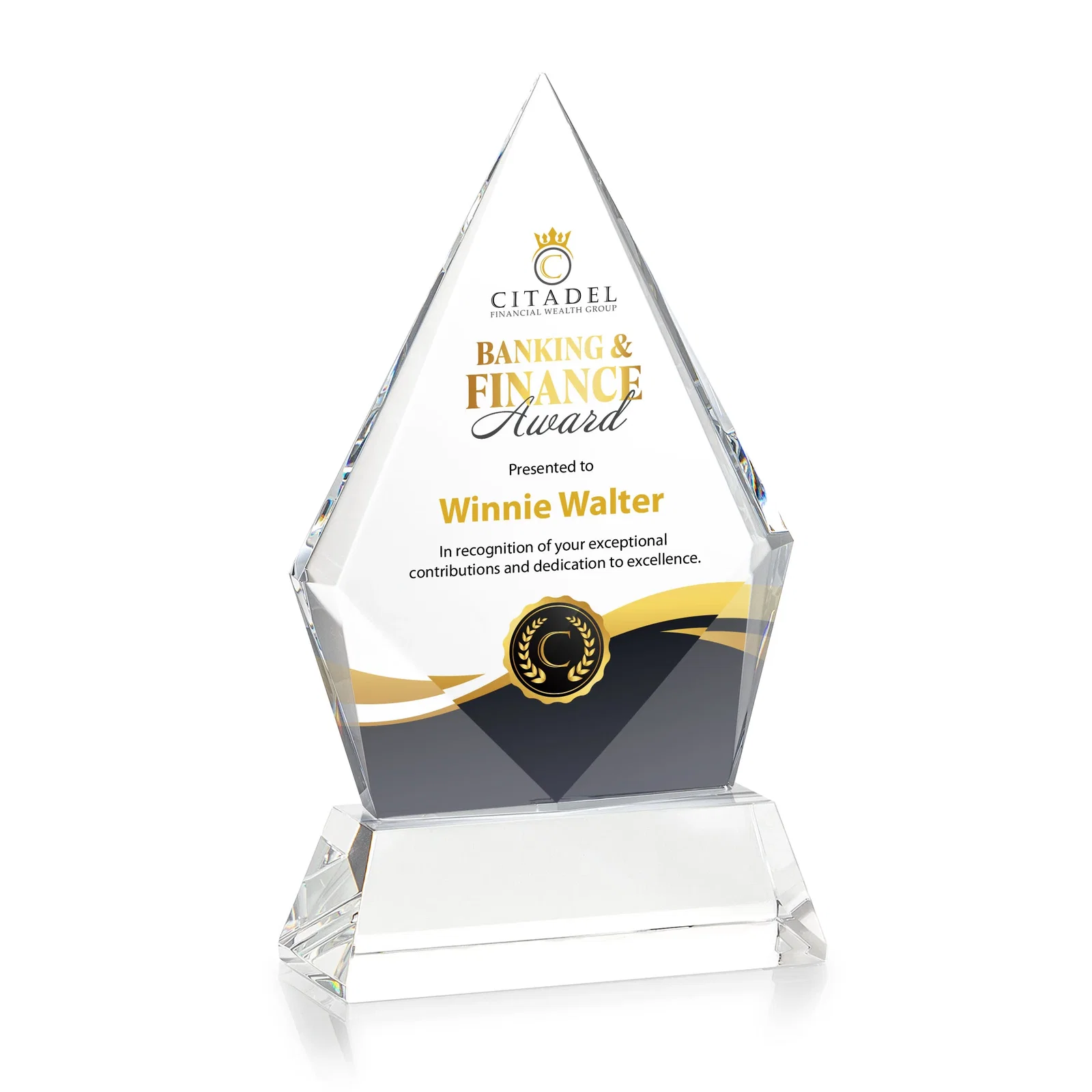 Branded Optical Crystal Diamond Award With an Elongated Peak for graduation ceremonies