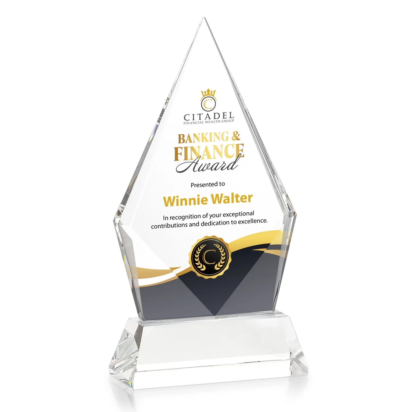 Branded Optical Crystal Diamond Award With an Elongated Peak for safety achievement programs
