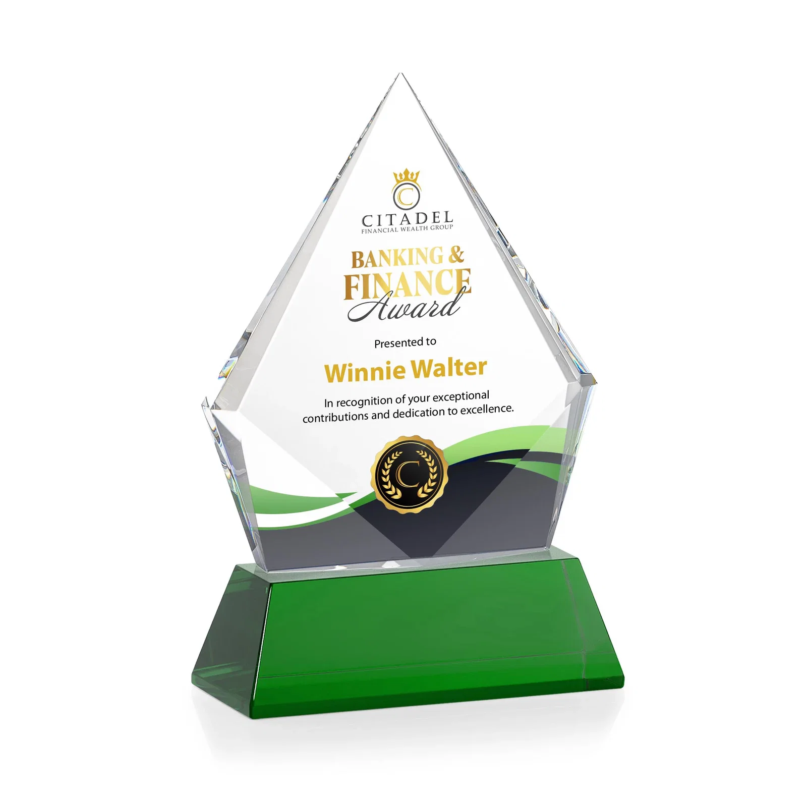 Branded Optical Crystal Diamond Award With an Elongated Peak for company anniversary events