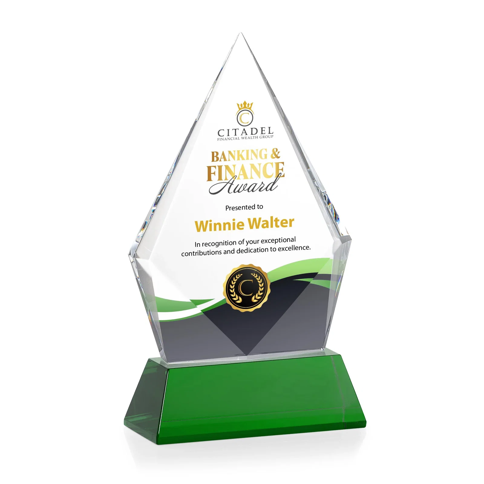 Custom printed Optical Crystal Diamond Award With an Elongated Peak for employee recognition