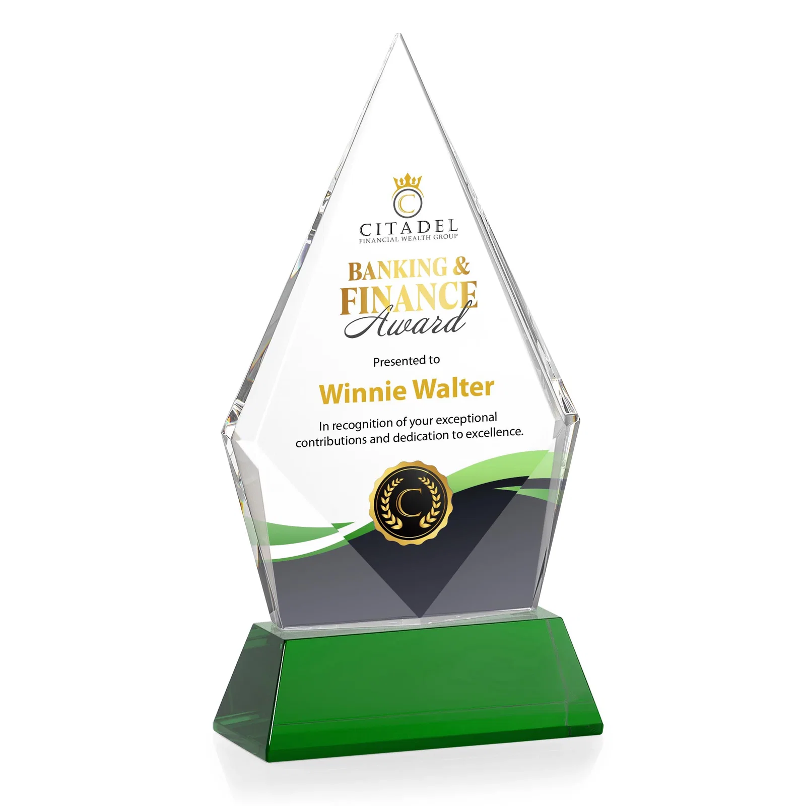 Custom printed Optical Crystal Diamond Award With an Elongated Peak for corporate award ceremonies