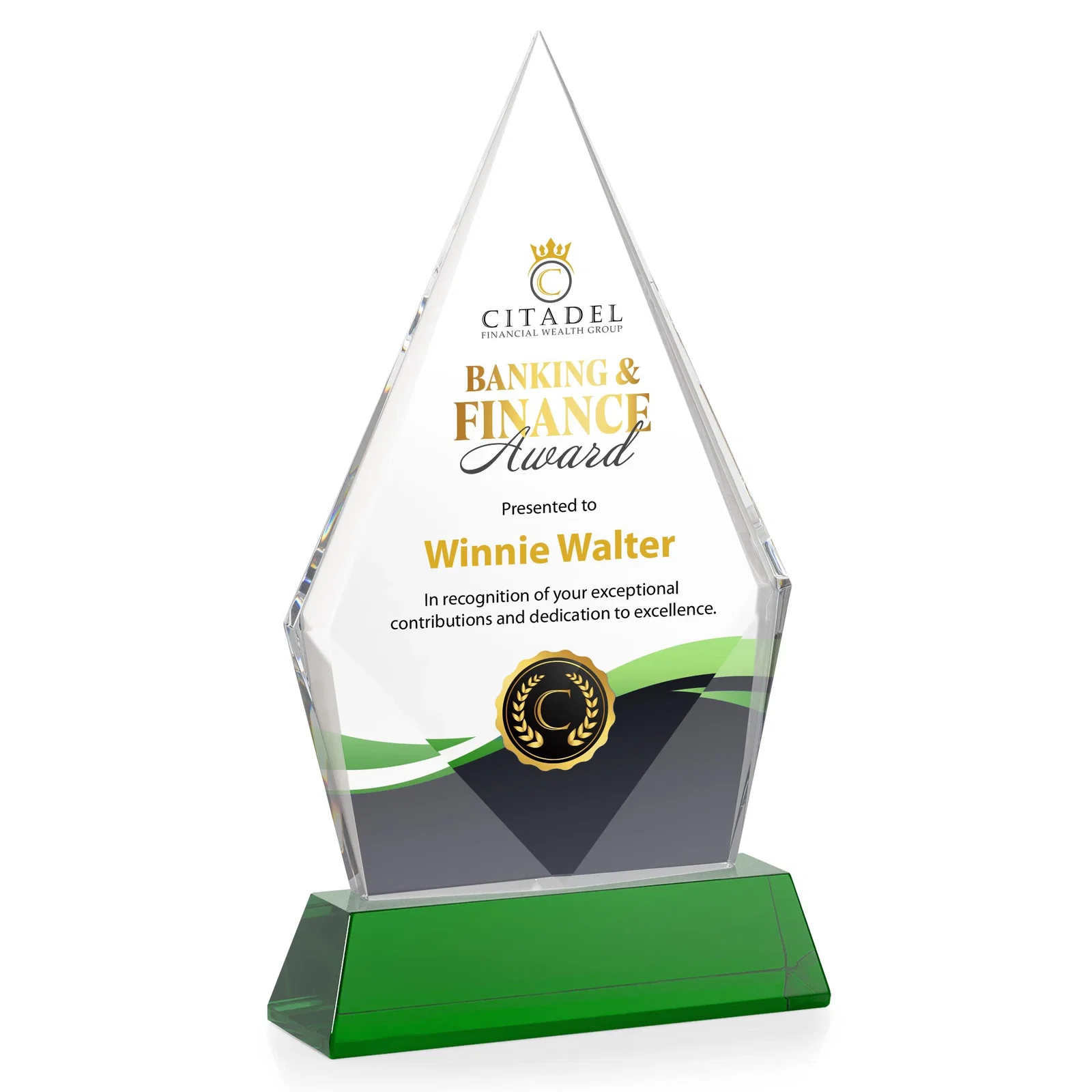 Custom printed Optical Crystal Diamond Award With an Elongated Peak for service anniversary gifts
