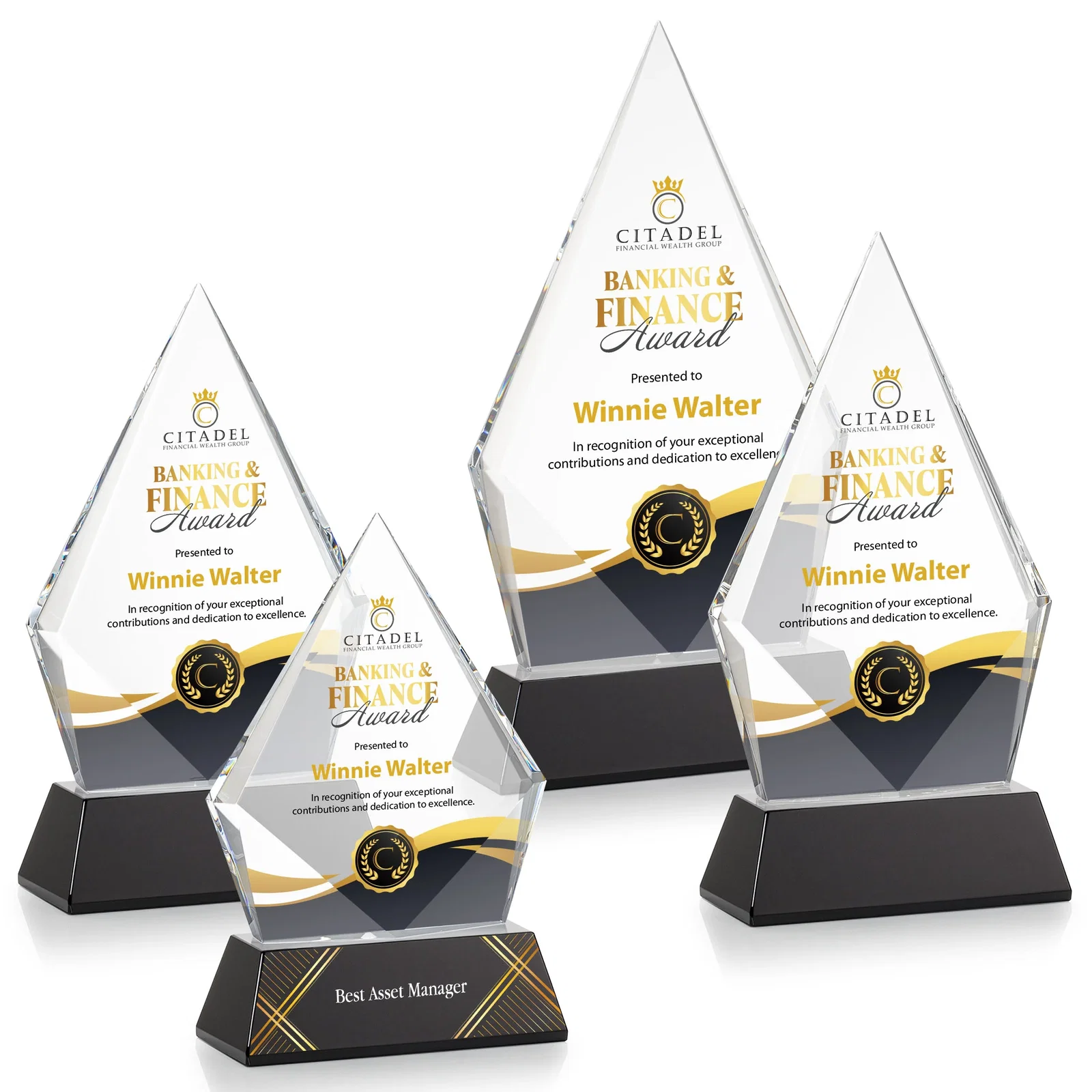 Custom printed Optical Crystal Diamond Award With an Elongated Peak for sales achievement awards
