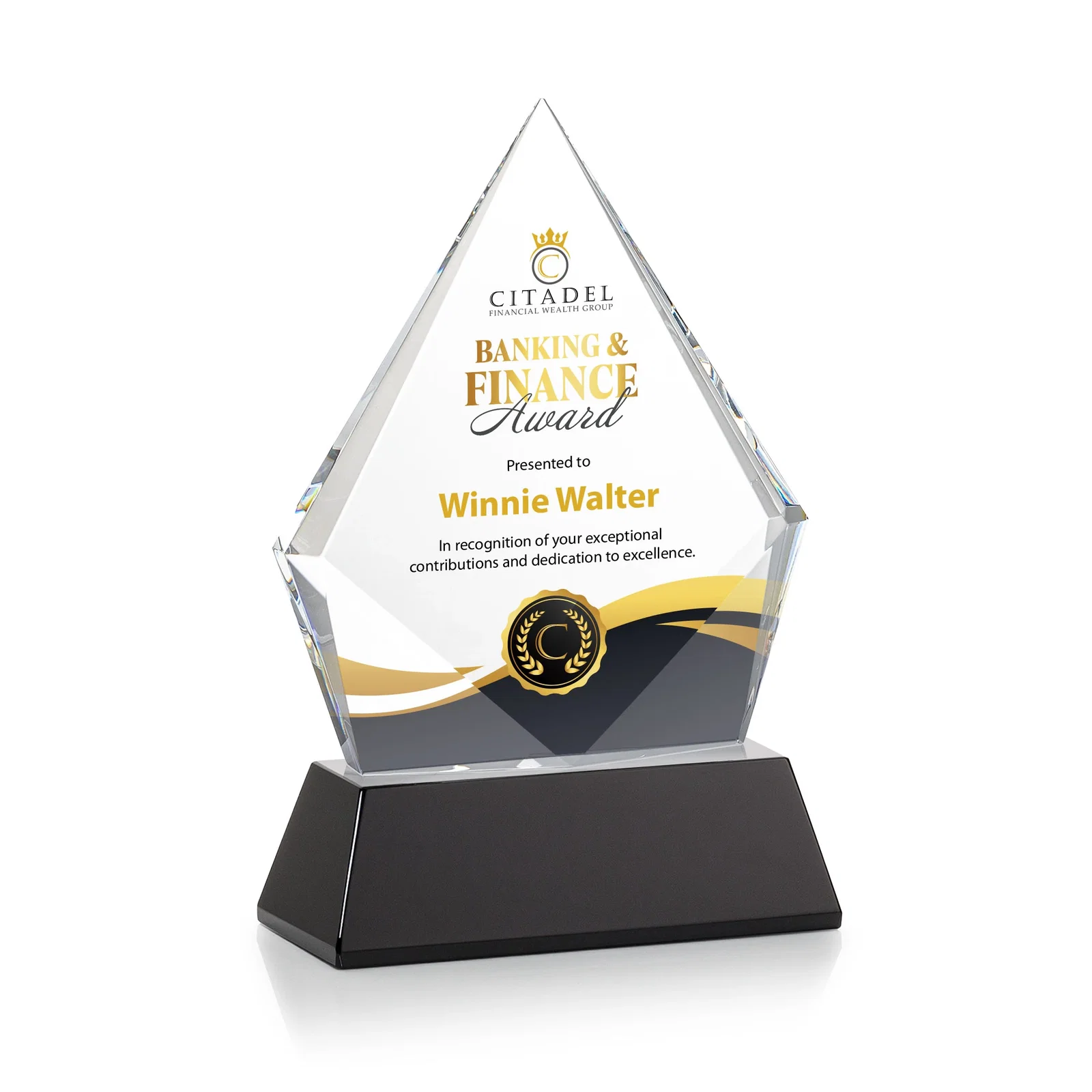 Custom printed Optical Crystal Diamond Award With an Elongated Peak for retirement presentations