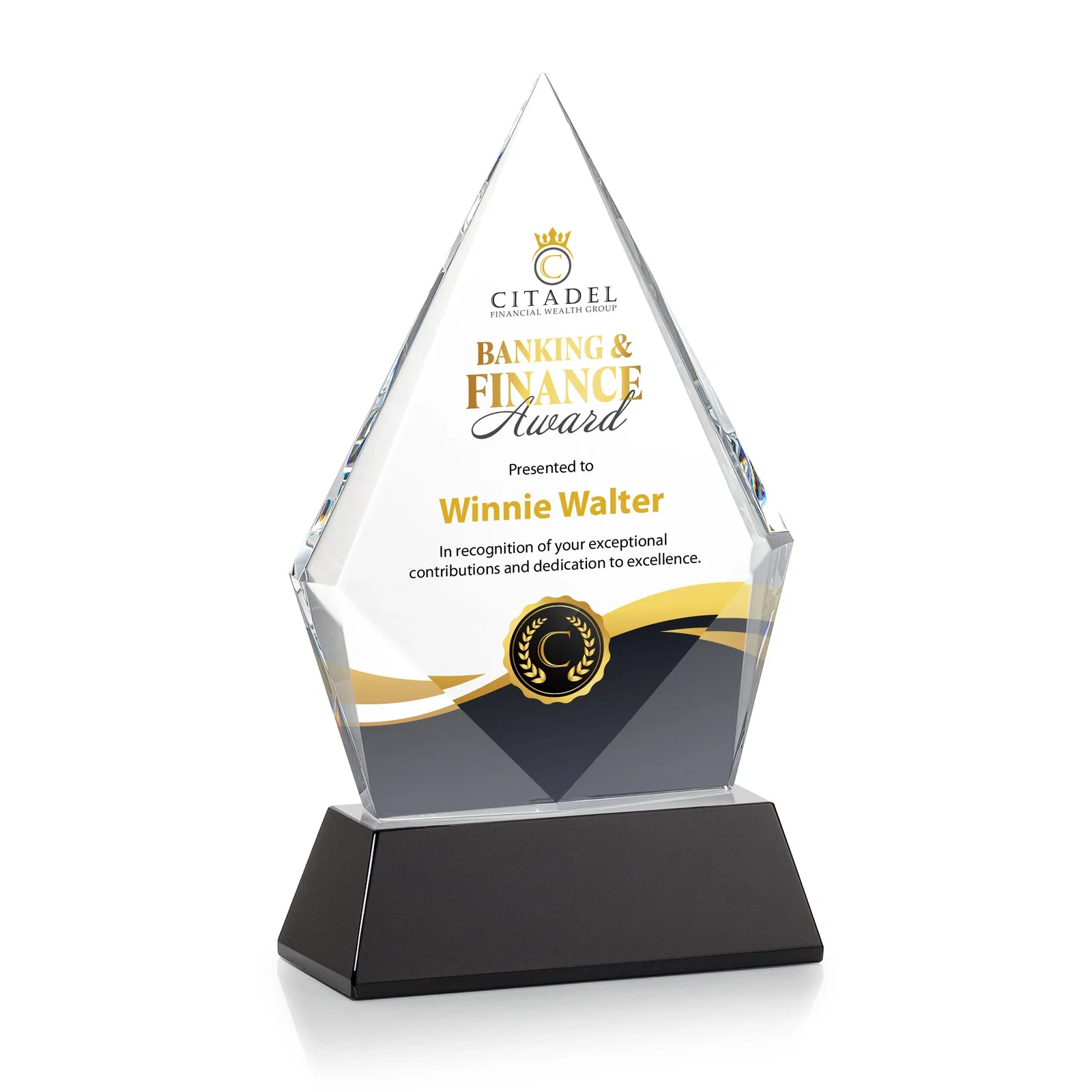 Custom printed Optical Crystal Diamond Award With an Elongated Peak for team milestone celebrations