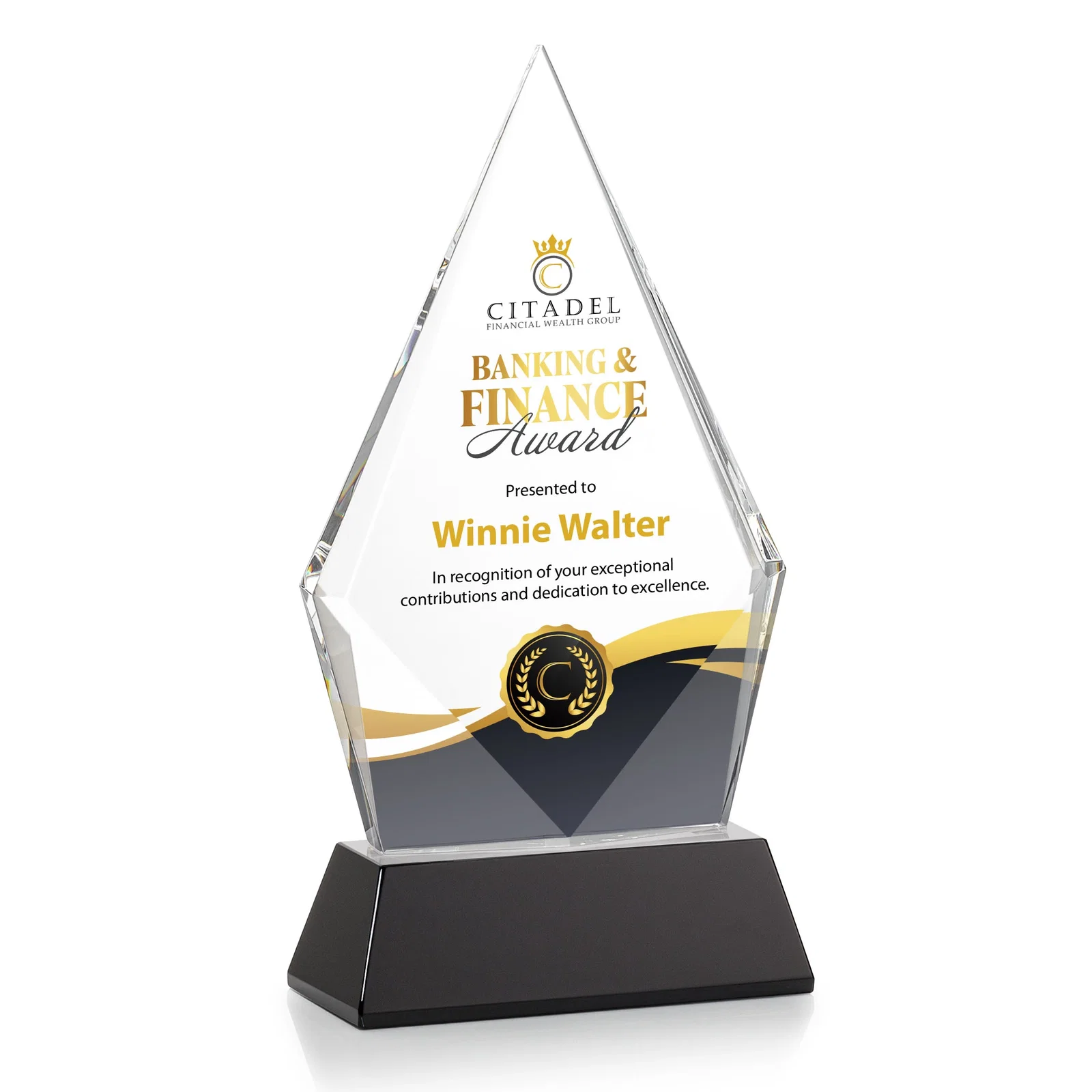 Custom printed Optical Crystal Diamond Award With an Elongated Peak for donor appreciation