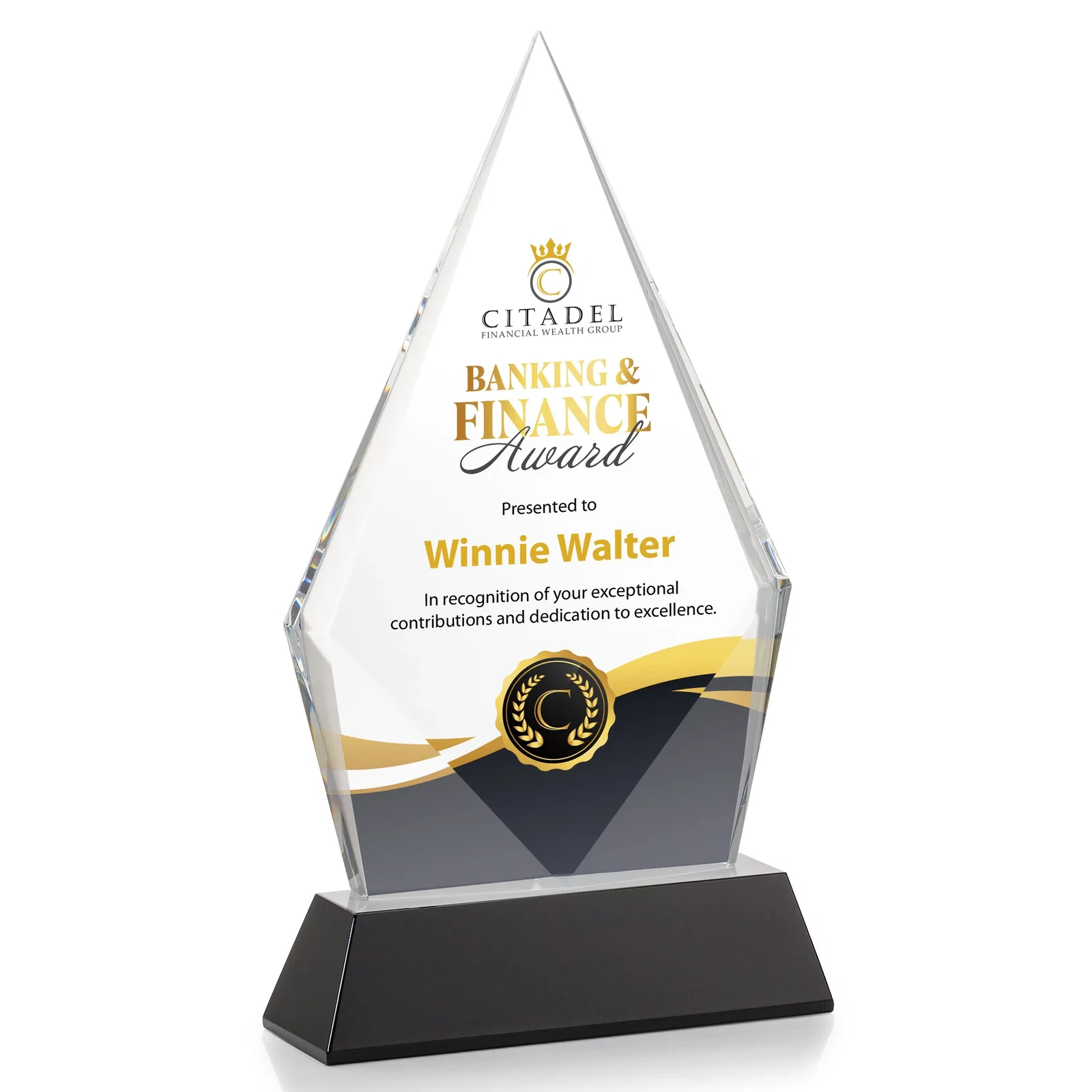 Custom printed Optical Crystal Diamond Award With an Elongated Peak for graduation ceremonies
