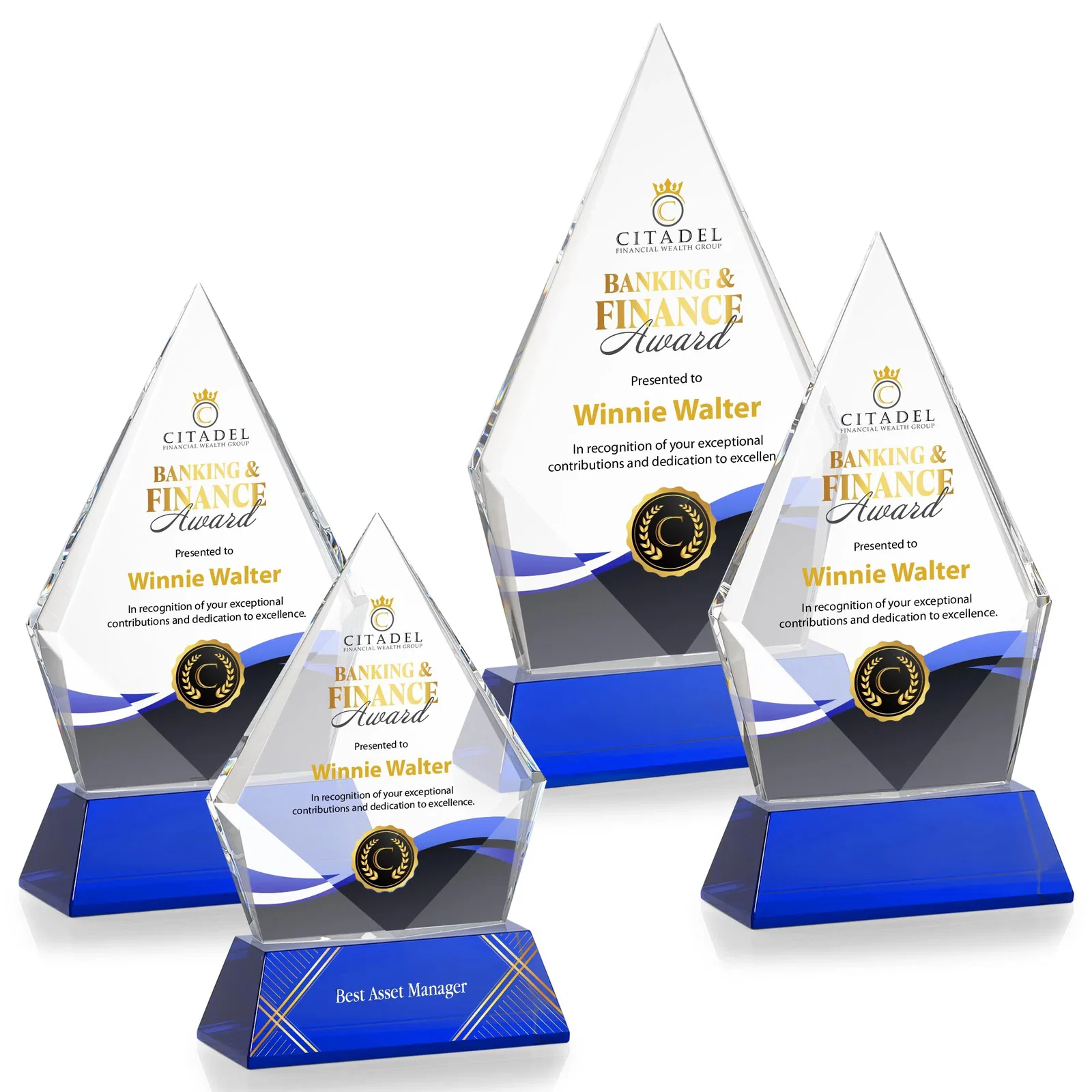 Custom printed Optical Crystal Diamond Award With an Elongated Peak for safety achievement programs