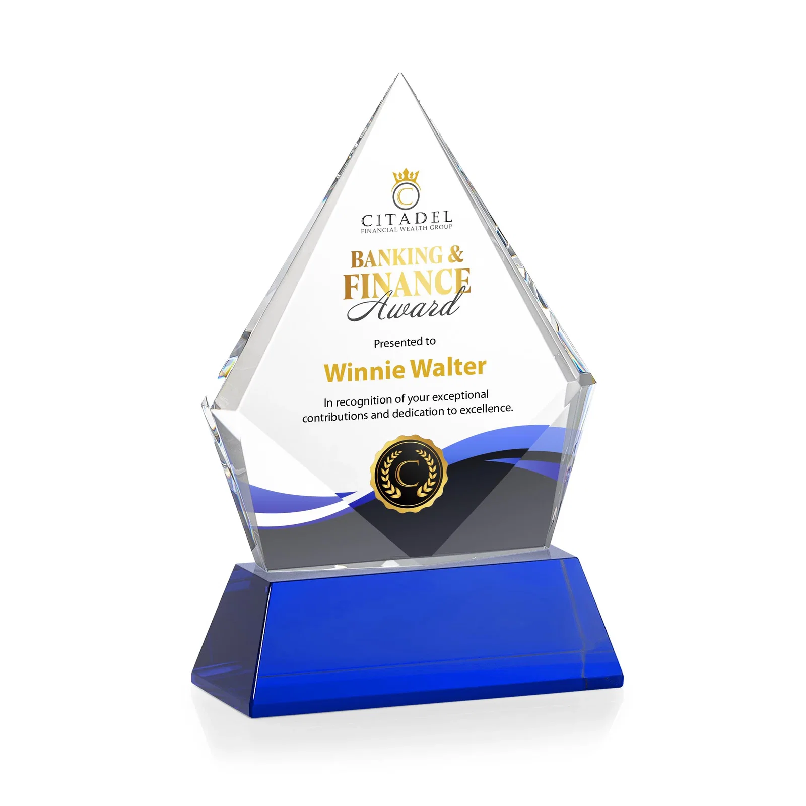 Custom printed Optical Crystal Diamond Award With an Elongated Peak for volunteer appreciation