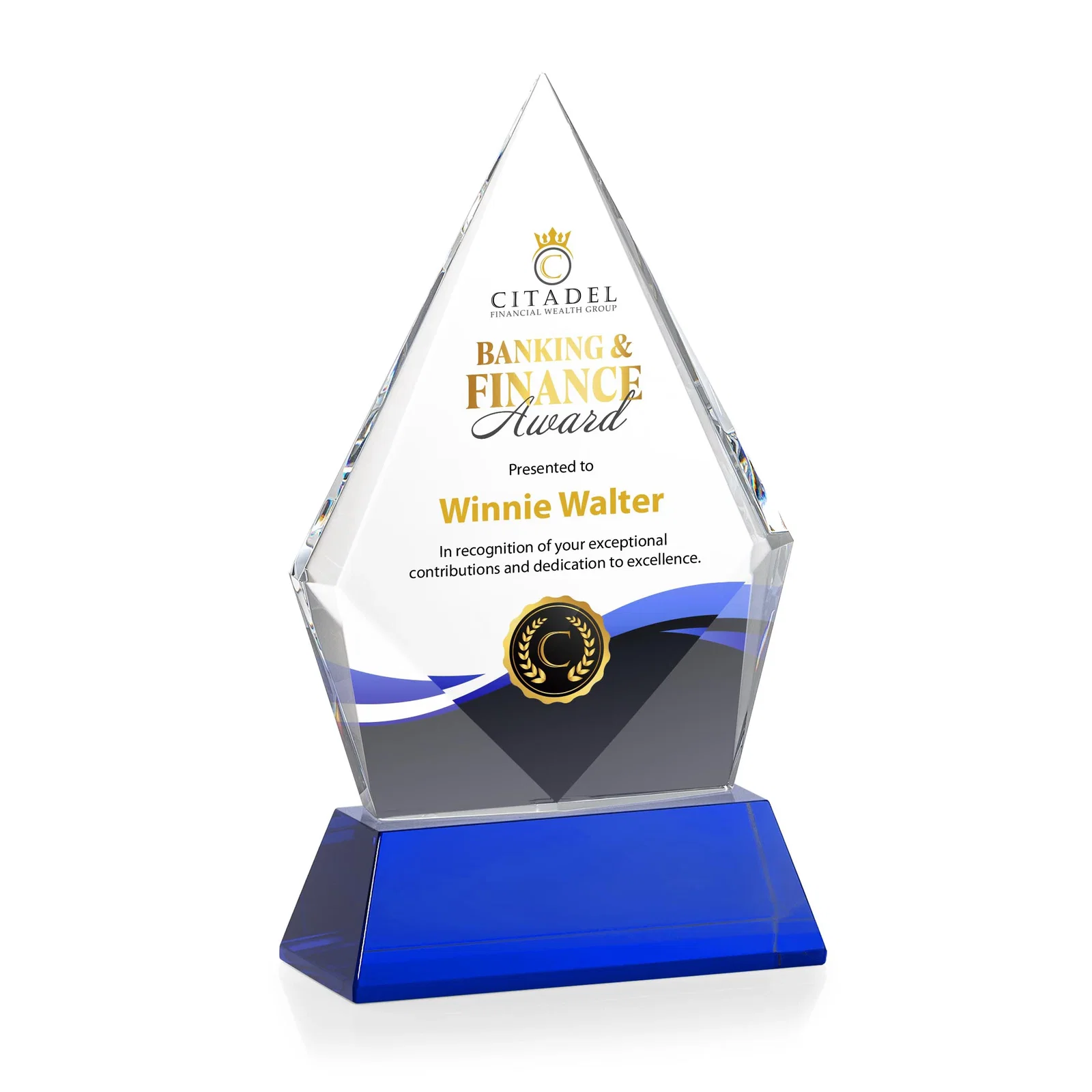 Custom printed Optical Crystal Diamond Award With an Elongated Peak for dealer and partner awards