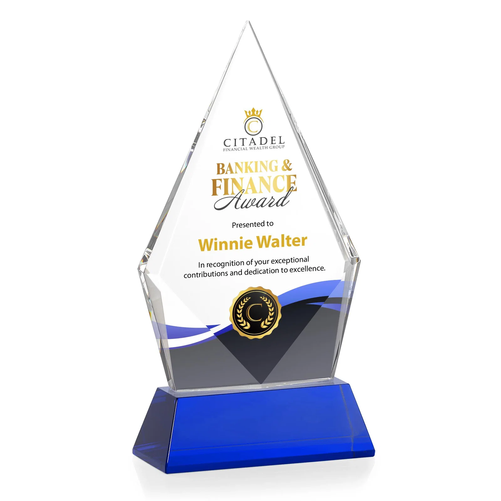 Custom printed Optical Crystal Diamond Award With an Elongated Peak for company anniversary events