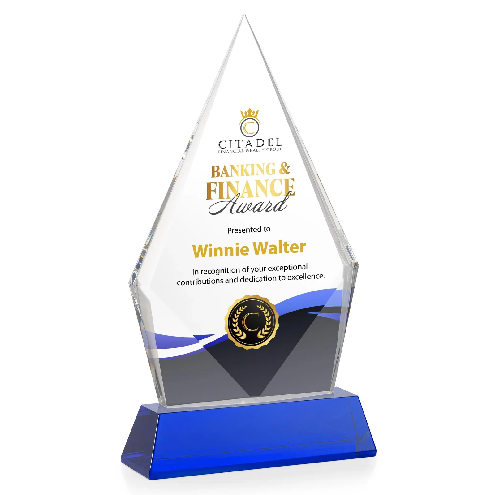 Customized Optical Crystal Diamond Award With an Elongated Peak for employee recognition