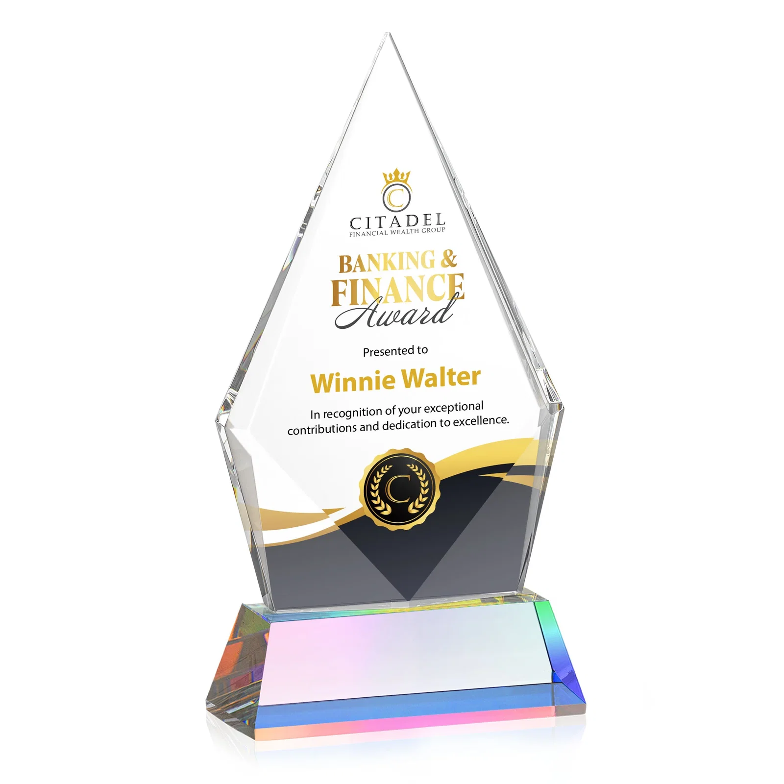 Customized Optical Crystal Diamond Award With an Elongated Peak for retirement presentations
