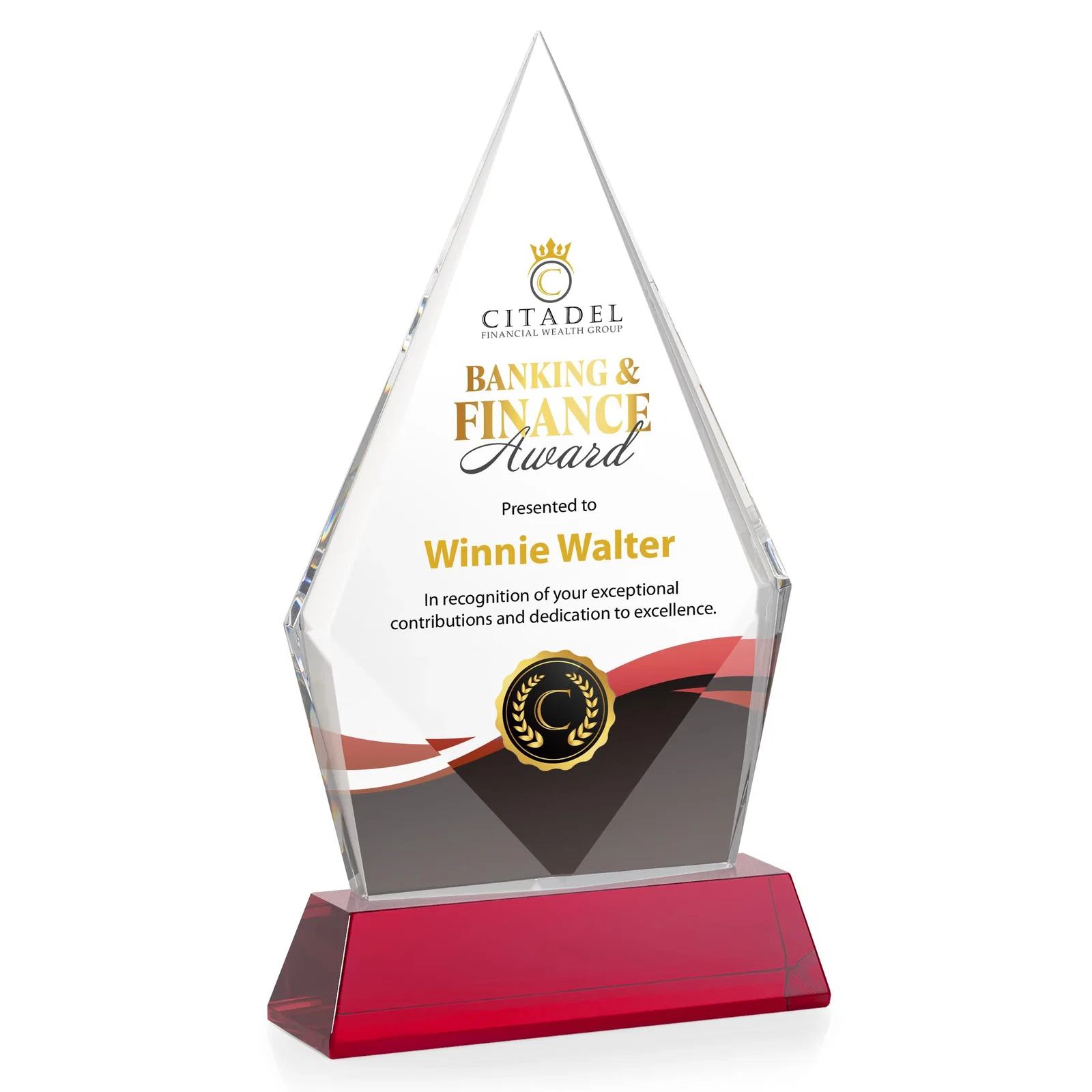 Customized Optical Crystal Diamond Award With an Elongated Peak for dealer and partner awards
